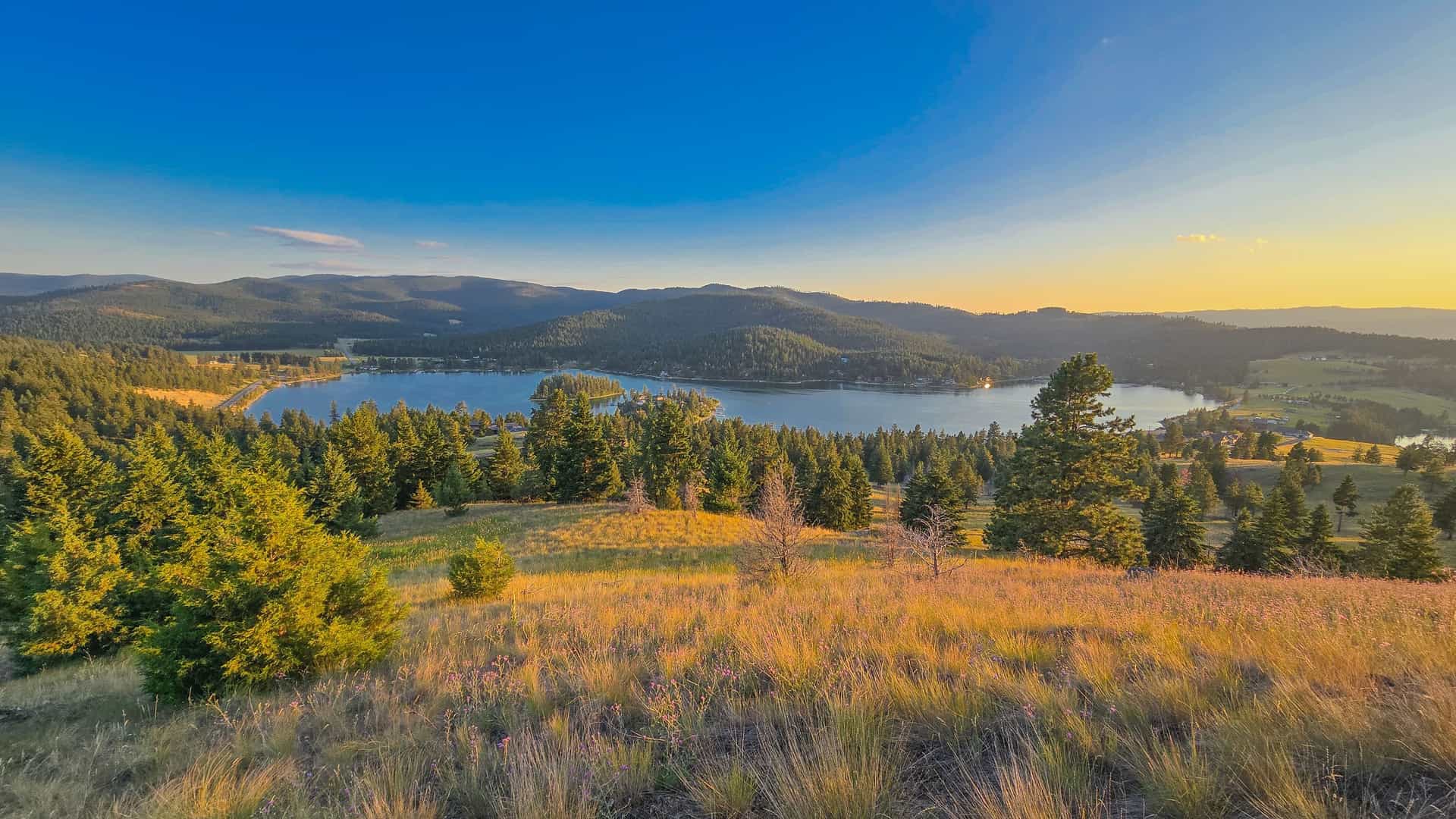 "A panoramic sunset view over Flathead Lake, the largest freshwater lake in the western United States, with forested hills and a golden meadow in the foreground near Kalispell, Montana. "