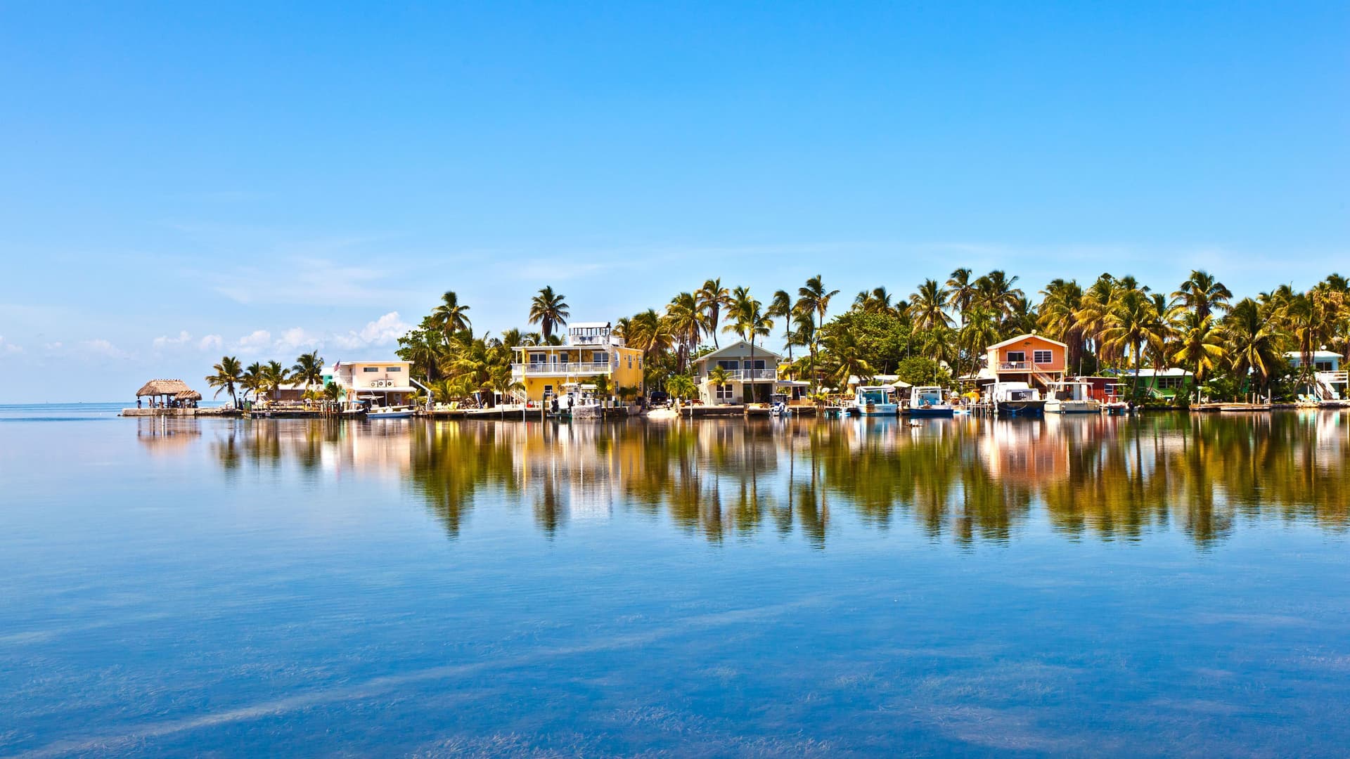 A panoramic shot of the colorful waterfront houses and palm trees of Key West, Florida, reflecting on the calm, turquoise water under a clear blue sky.