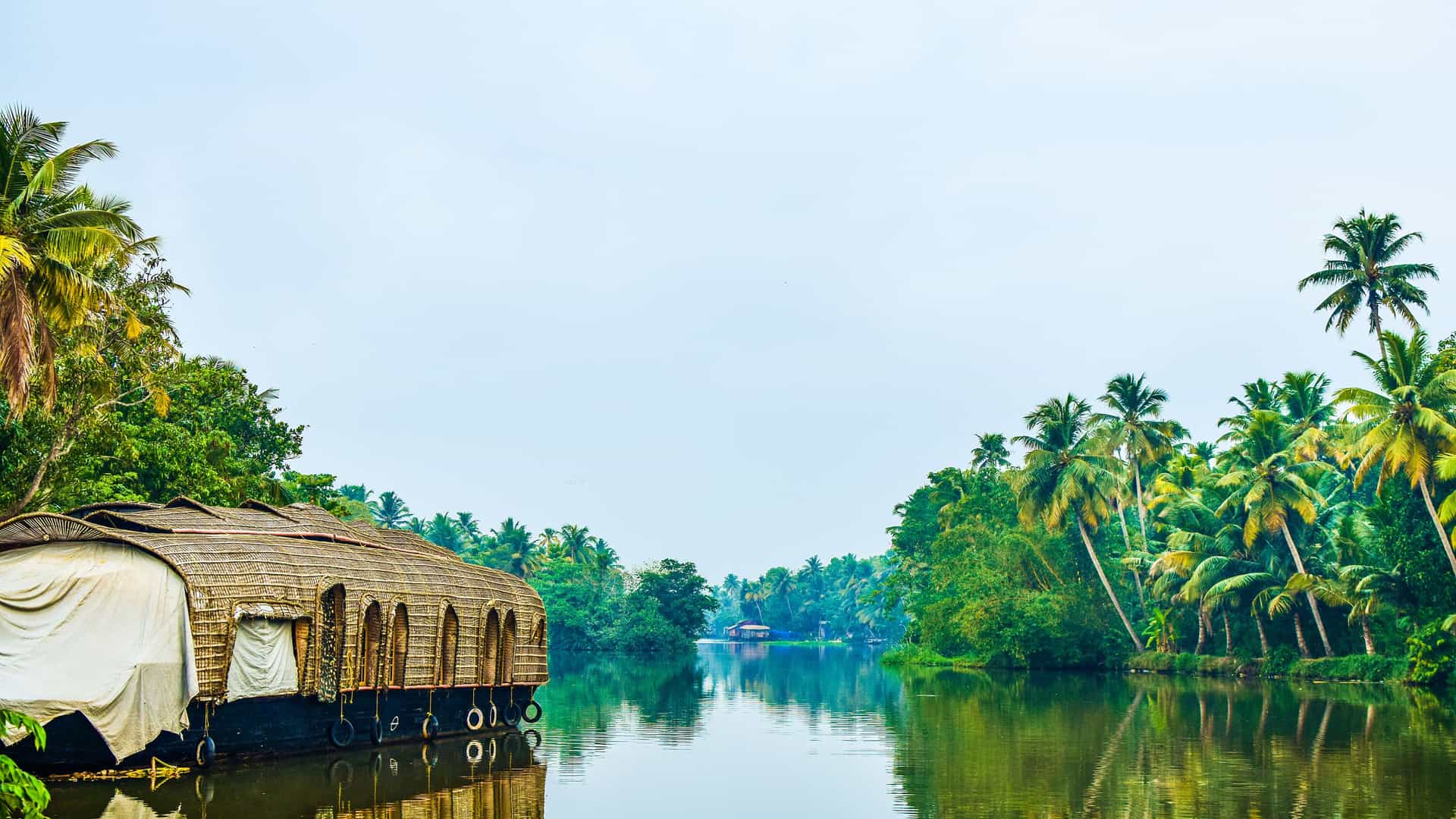 "A scenic view of a traditional houseboat on the tranquil backwaters of Kumarakom, Kerala, India, with lush palm trees and tropical vegetation lining the banks. "