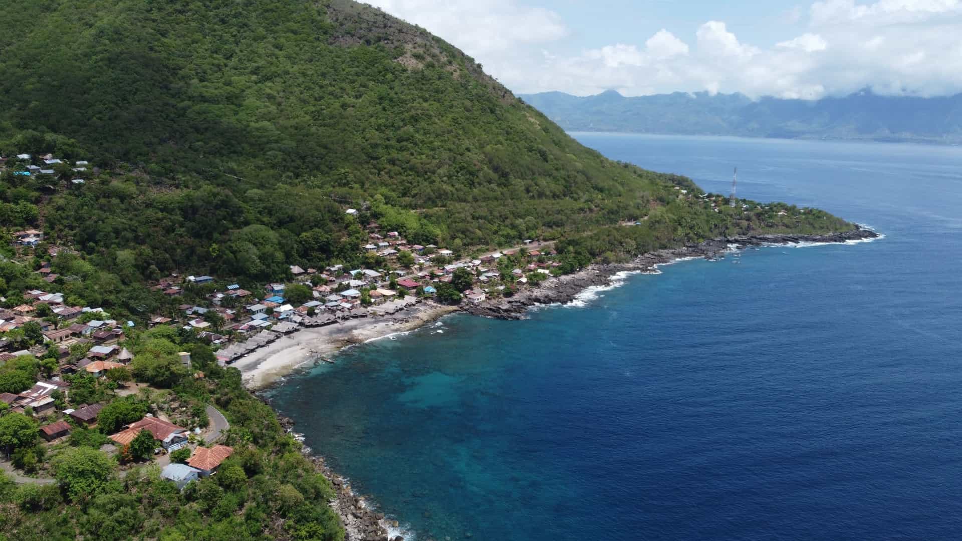 An aerial view of Lamalerap Village, Indonesia, clinging to the steep, lush green coastline beside deep blue ocean.
