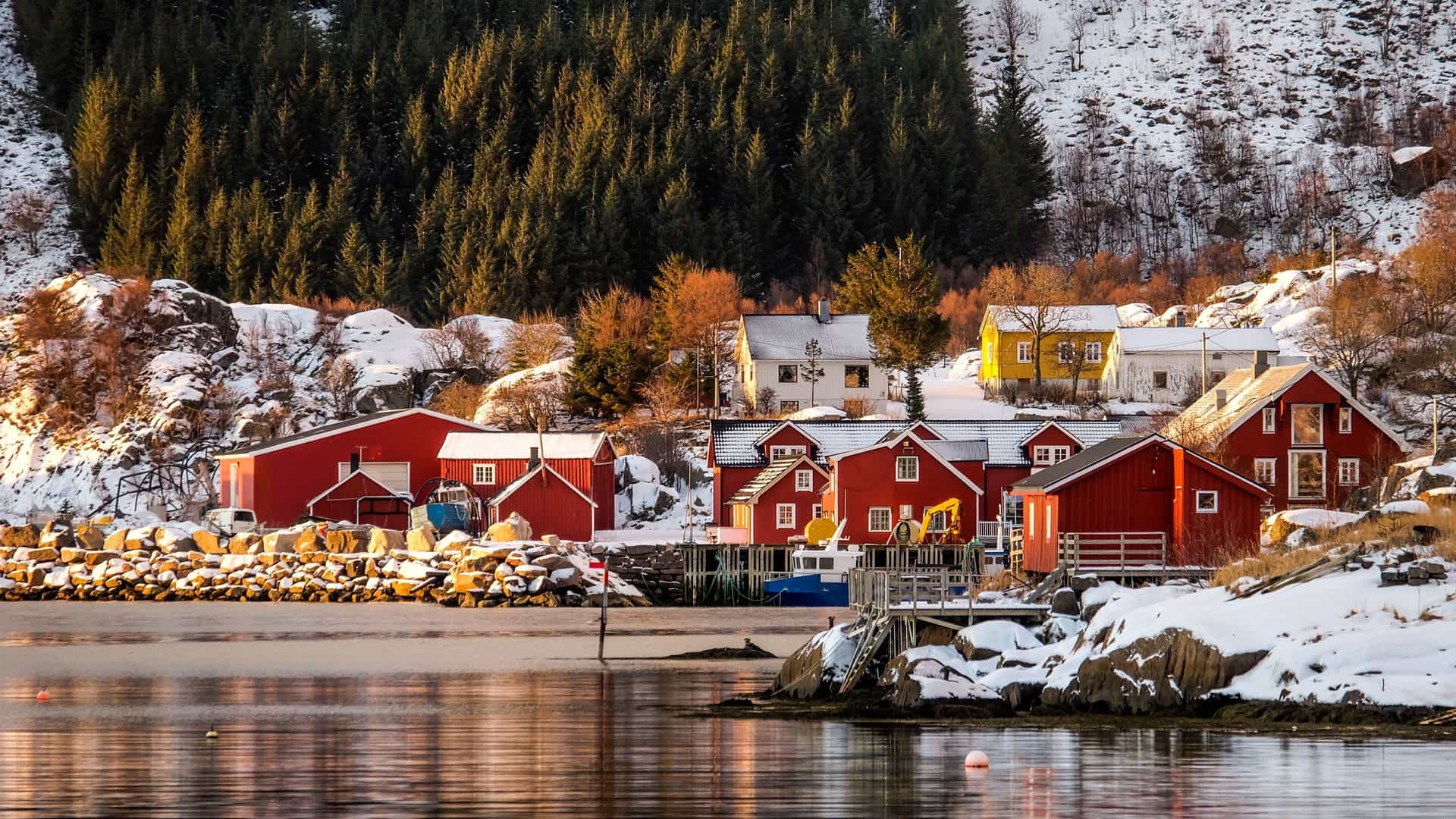 A snowy winter landscape of Leknes, Norway, showing traditional red rorbu cabins and white houses on the shore of a calm harbor with a dense forest and snow-covered hills in the background.