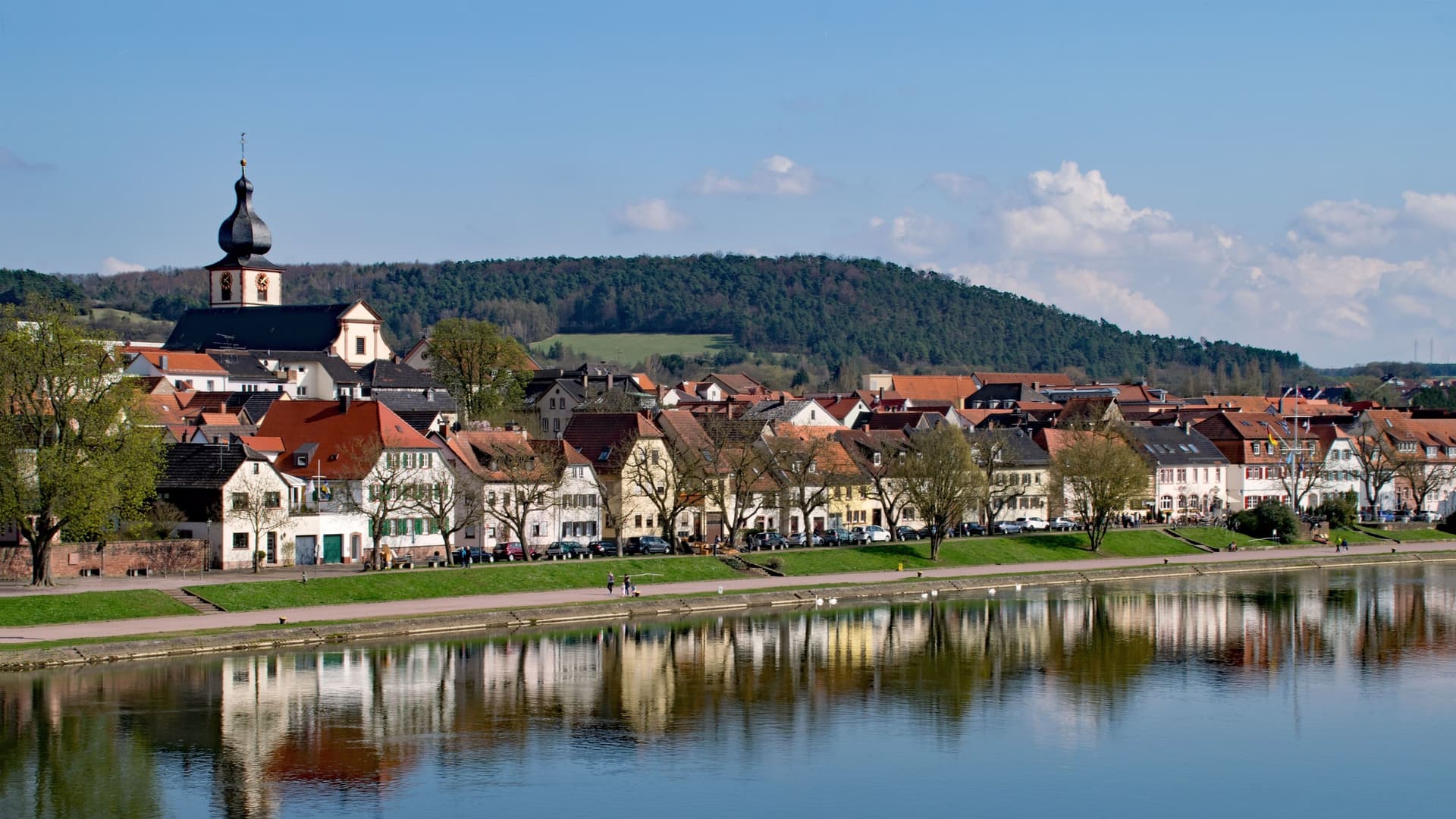 A panoramic view of the charming town of Marktheidenfeld, Germany, with colorful houses and a church steeple reflected on the Main River under a blue sky.