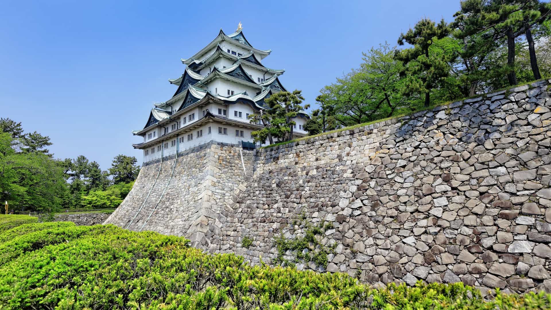 A beautiful view of the historic Nagoya Castle in Japan, with its traditional architecture perched on a massive stone wall surrounded by green foliage.