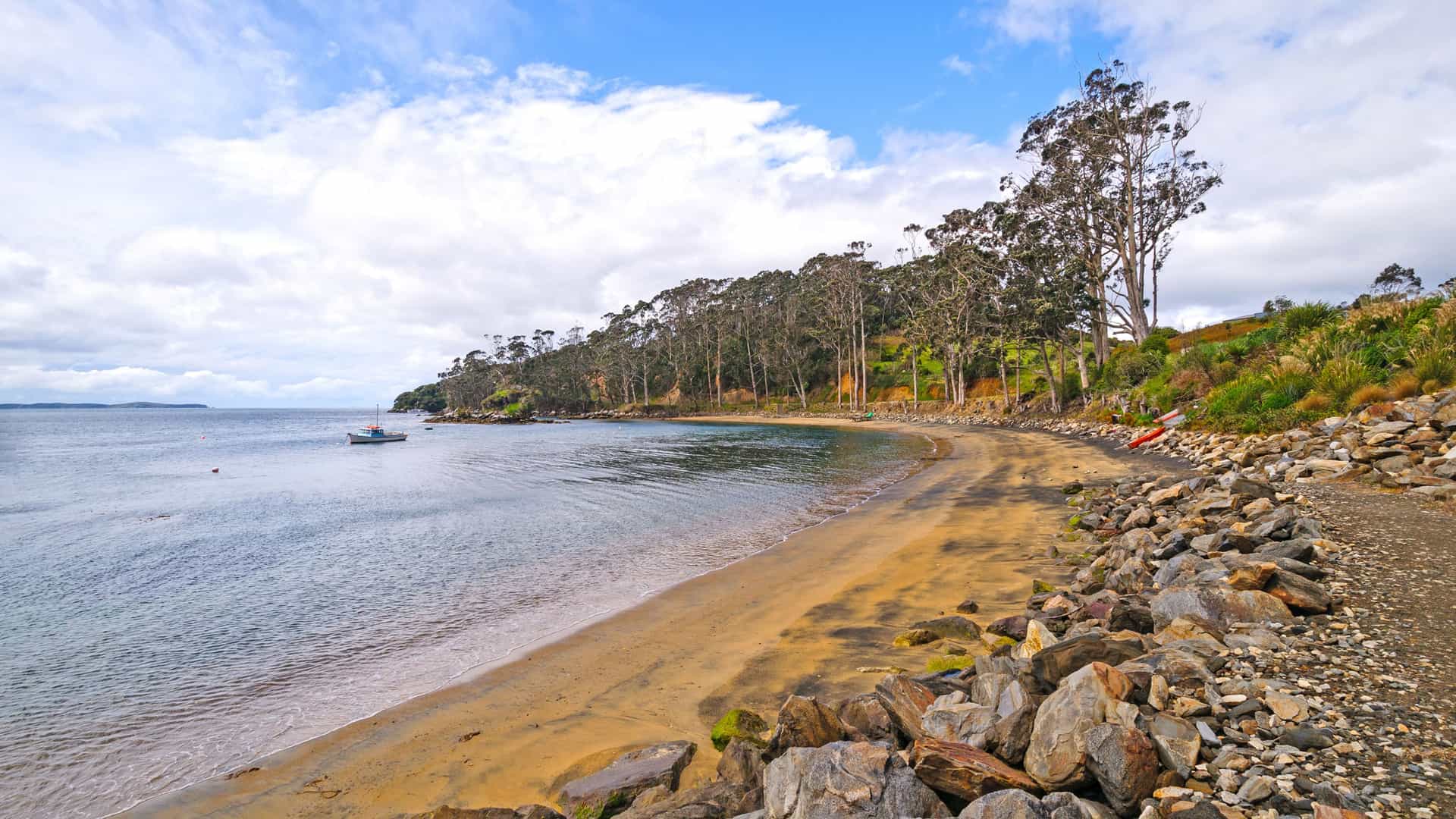 A picturesque view of Halfmoon Bay on Stewart Island, New Zealand, with a sandy beach, calm water, and a tree-covered shoreline under a bright cloudy sky.