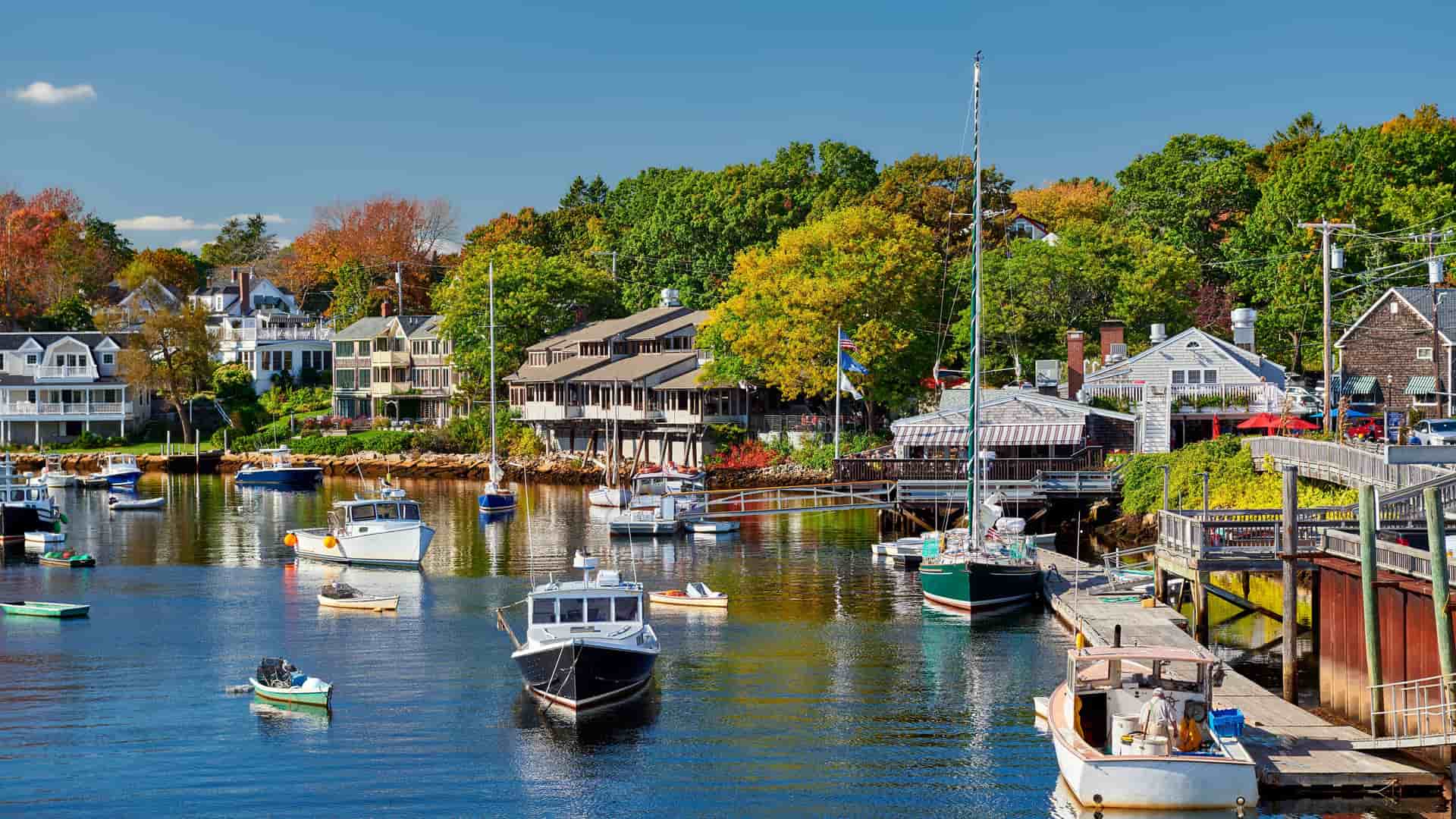 "A picturesque wide-angle shot of a serene harbor in Ogunquit, Maine, filled with boats on a sunny day with houses and autumn trees lining the shore. "