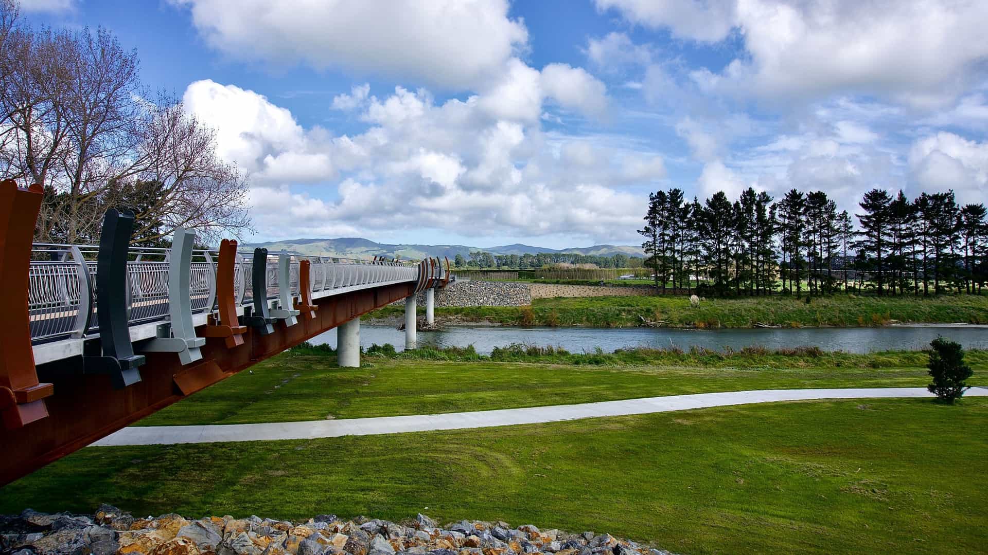 A view of a curved pedestrian bridge over the Manawatū River in Palmerston North, New Zealand, with a grassy park in the foreground and mountains in the distance.