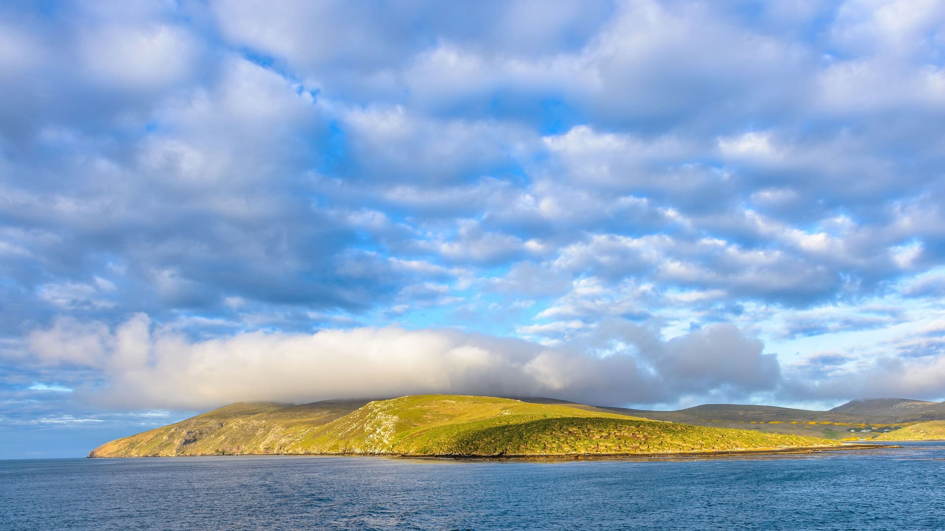 A panoramic view of the rugged, green landscape of the Falkland Islands, with a low cloud covering the top of a hill and the blue sea in the foreground under a dramatic sky.