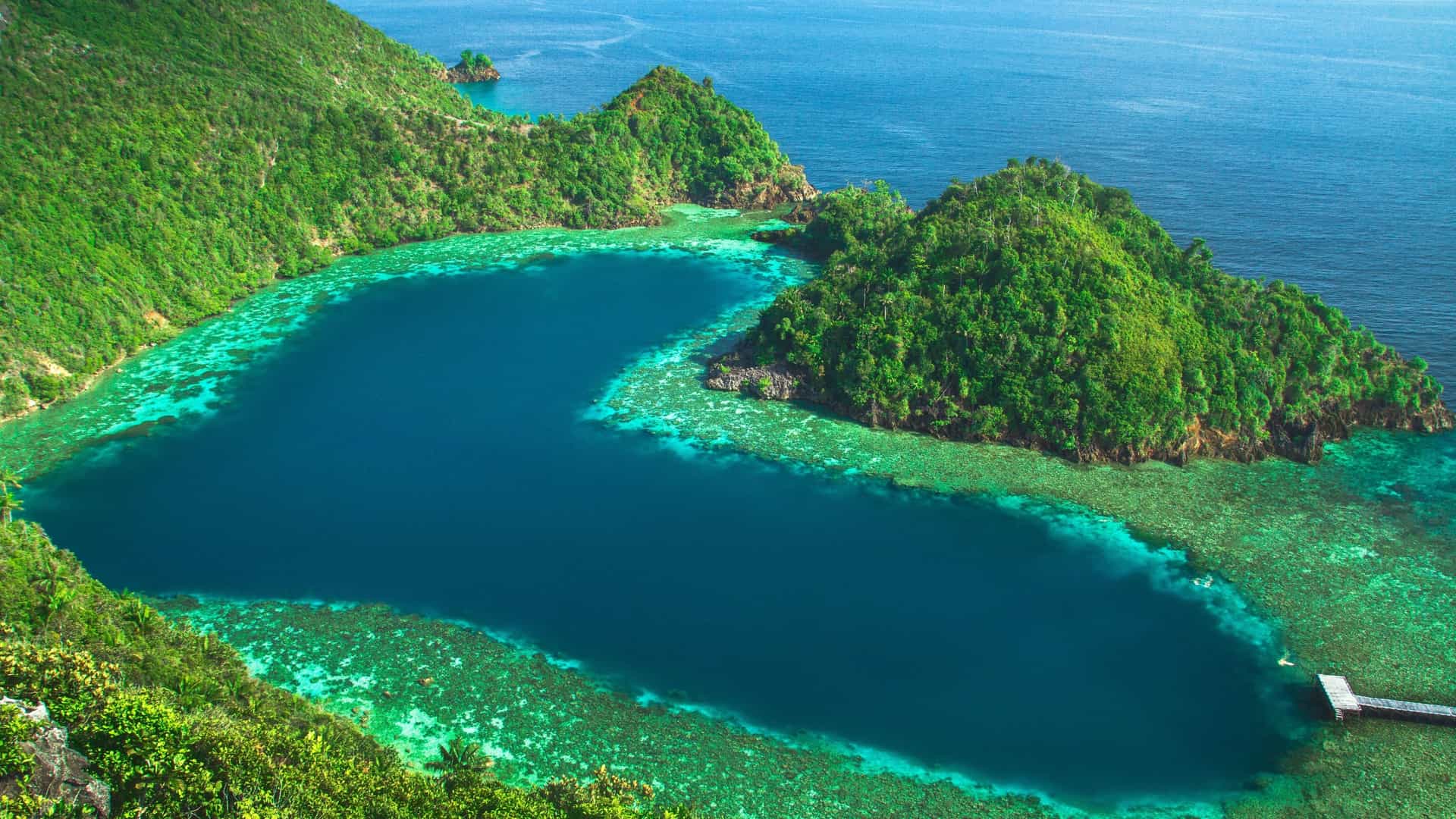 An aerial shot of the incredible heart-shaped lagoon surrounded by lush green islands, a popular landmark on Pulau Karawapop in Raja Ampat, Indonesia.