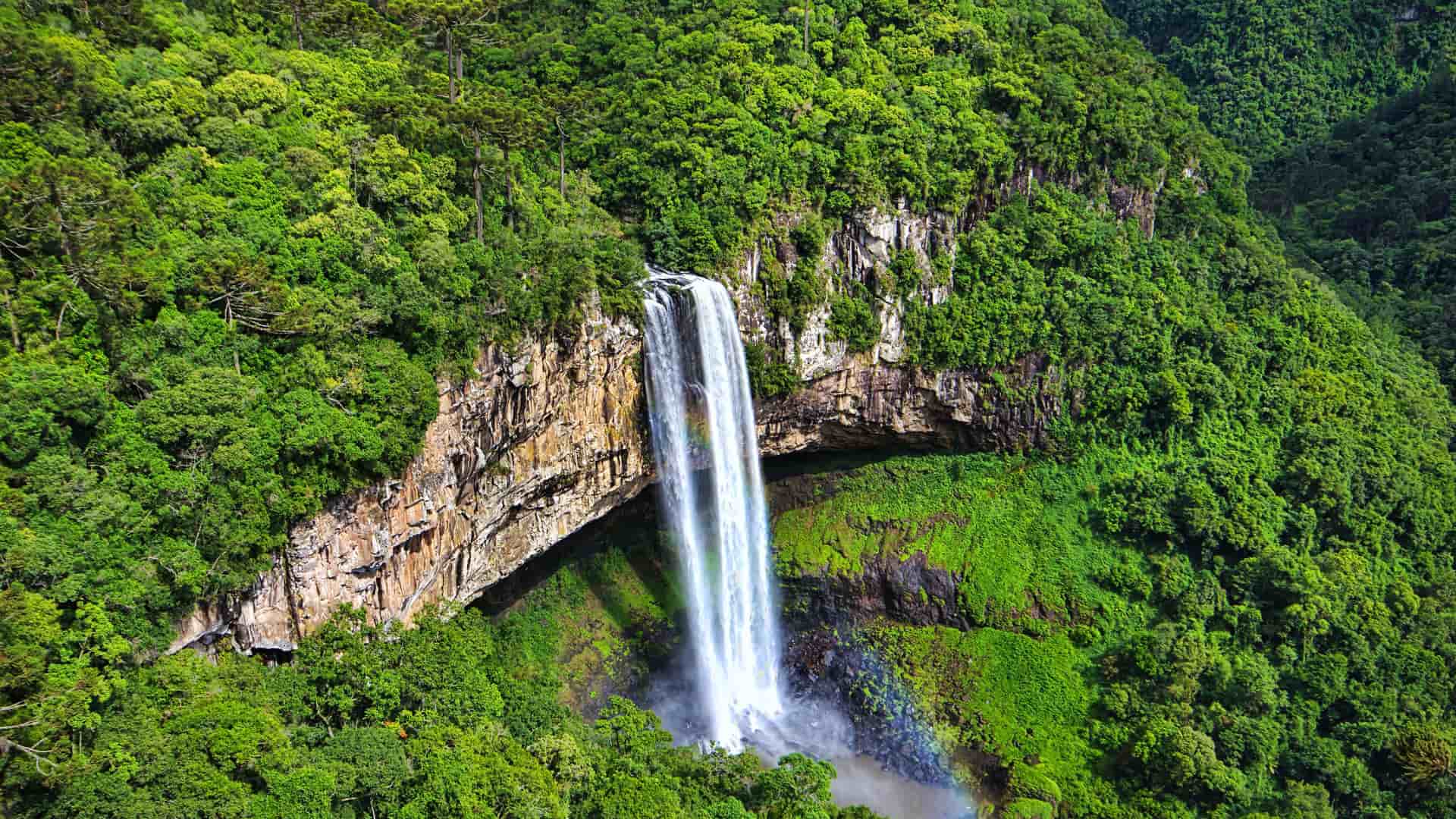 A scenic view of a majestic waterfall cascading down a sheer cliff face into a lush green forest in the Rio Grande region of Brazil.