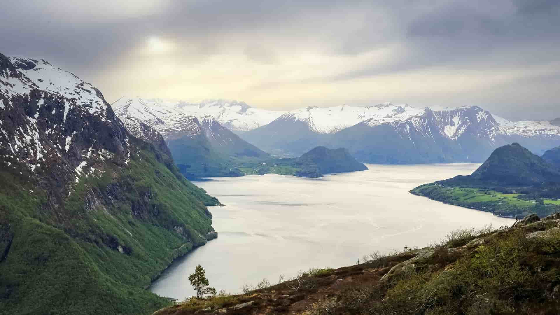 A wide view of Romsdalsfjord in Norway, surrounded by dramatic snow-capped mountains and lush green slopes, with a small island visible in the calm waters of the fjord.