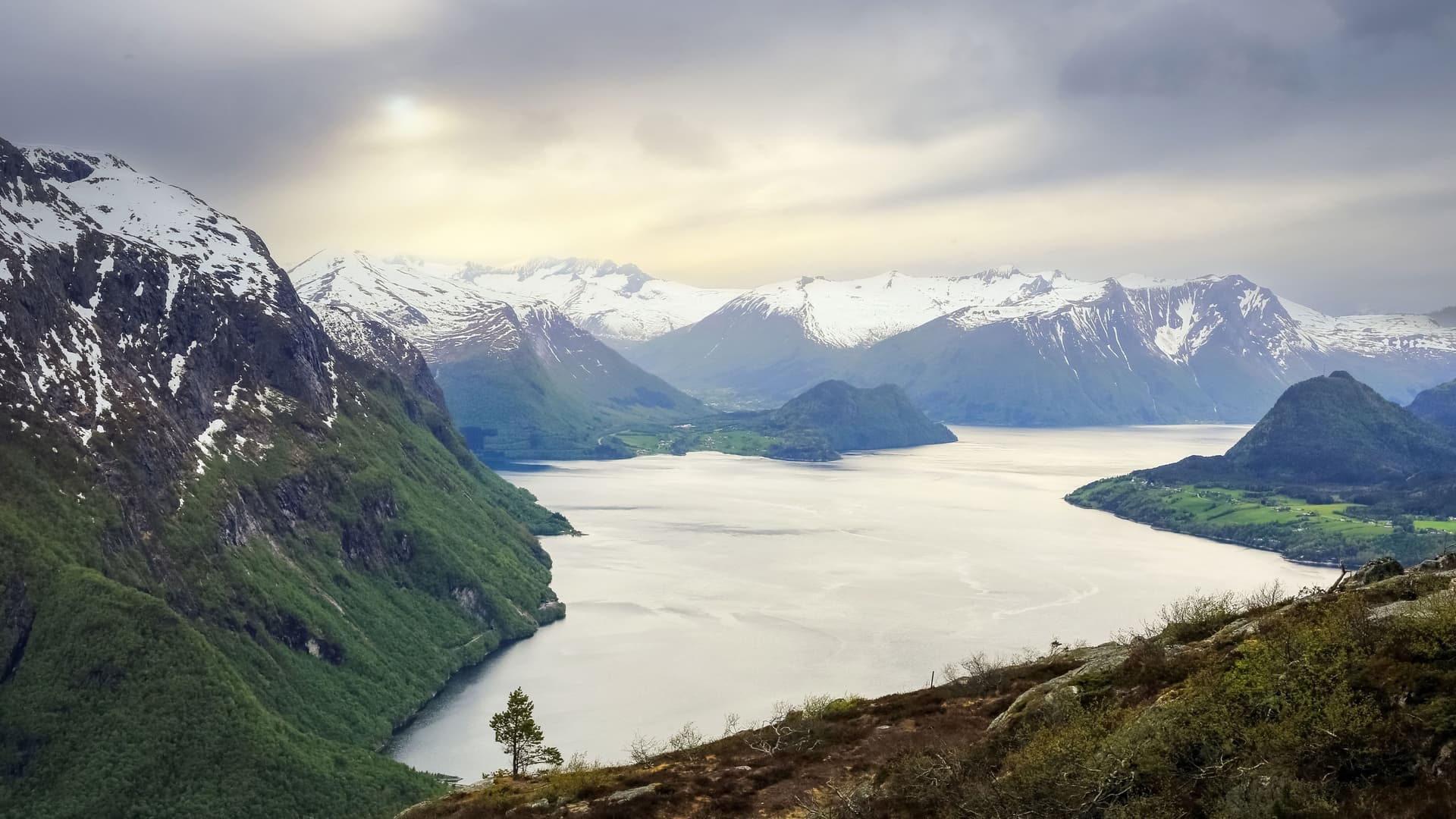 A wide view of Romsdalsfjord in Norway, surrounded by dramatic snow-capped mountains and lush green slopes, with a small island visible in the calm waters of the fjord.
