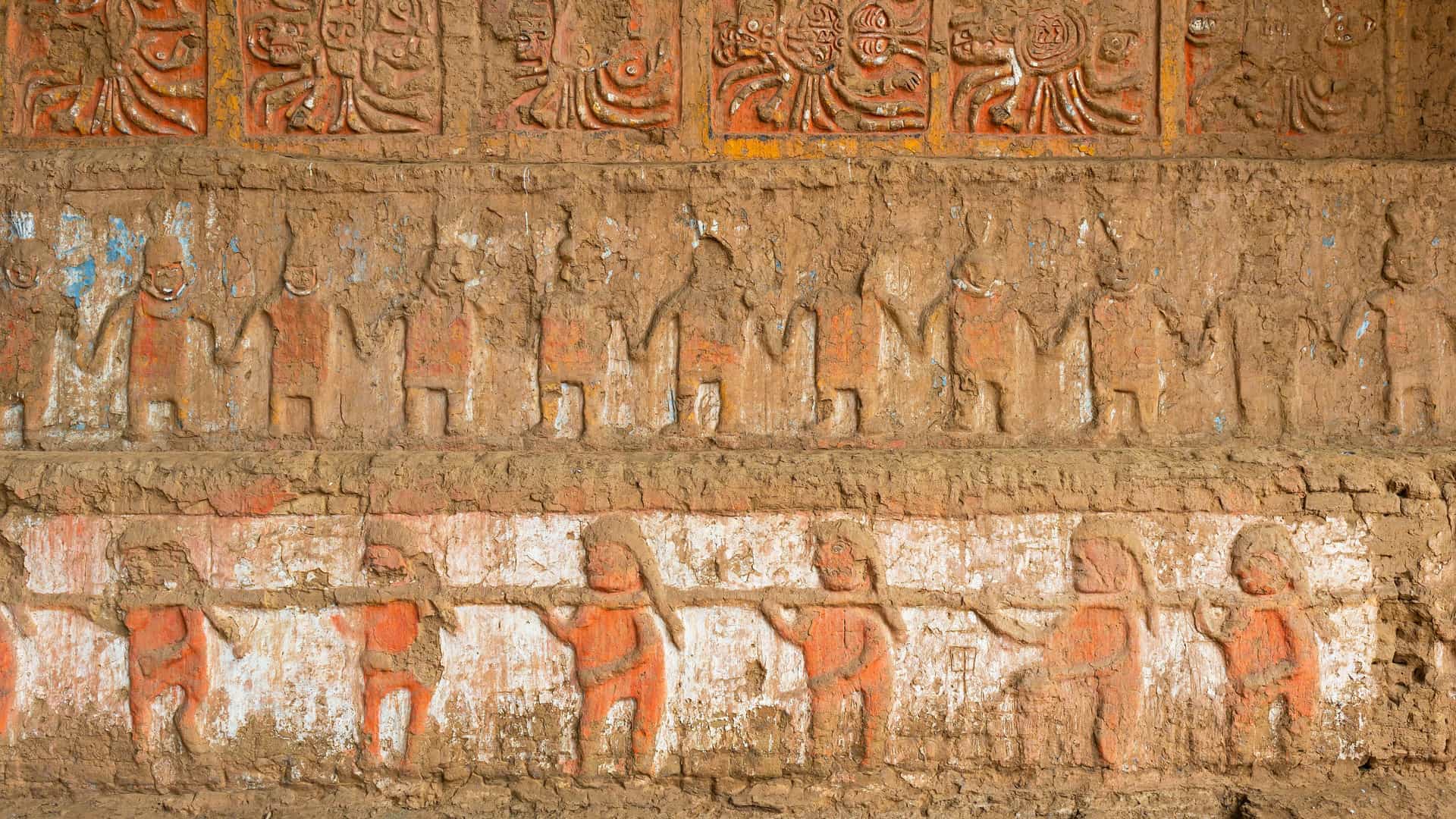 "A close-up view of the ancient Moche civilization's art and detailed clay frieze at the Huaca de la Luna archaeological site near Salaverry, Peru. "