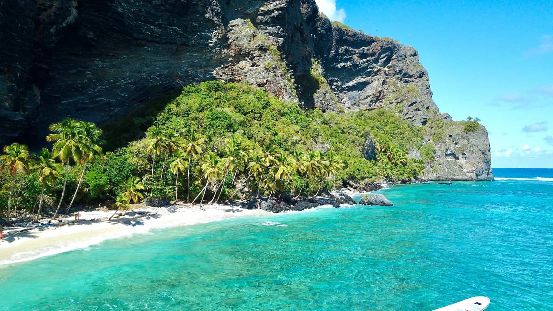 A secluded beach with bright turquoise water, palm trees, and a towering, dark limestone cliff on the coast of Samaná.