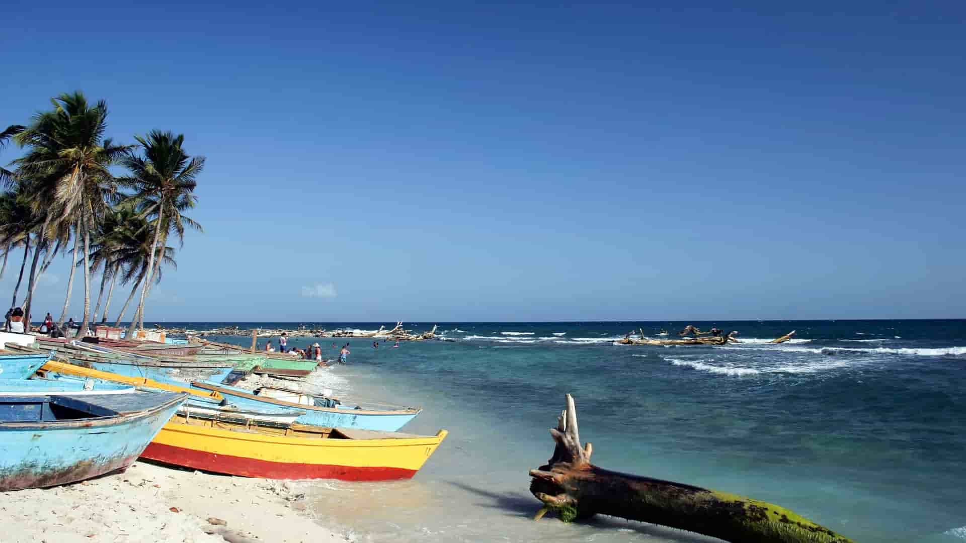 This is a scenic image of a tropical beach in Santo Domingo, with multiple colorful fishing boats resting on the sandy shore, tall palm trees, and the calm turquoise sea under a bright, clear sky.