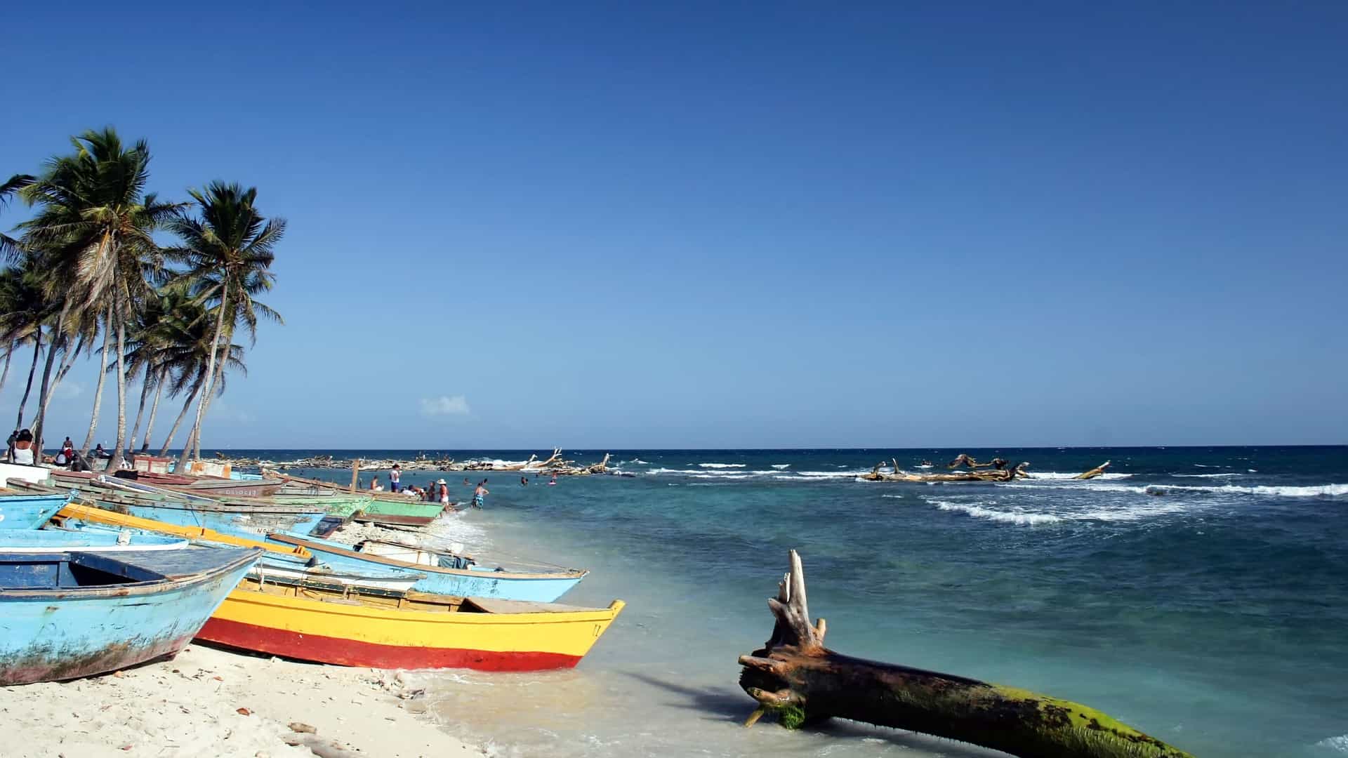 This is a scenic image of a tropical beach in Santo Domingo, with multiple colorful fishing boats resting on the sandy shore, tall palm trees, and the calm turquoise sea under a bright, clear sky.