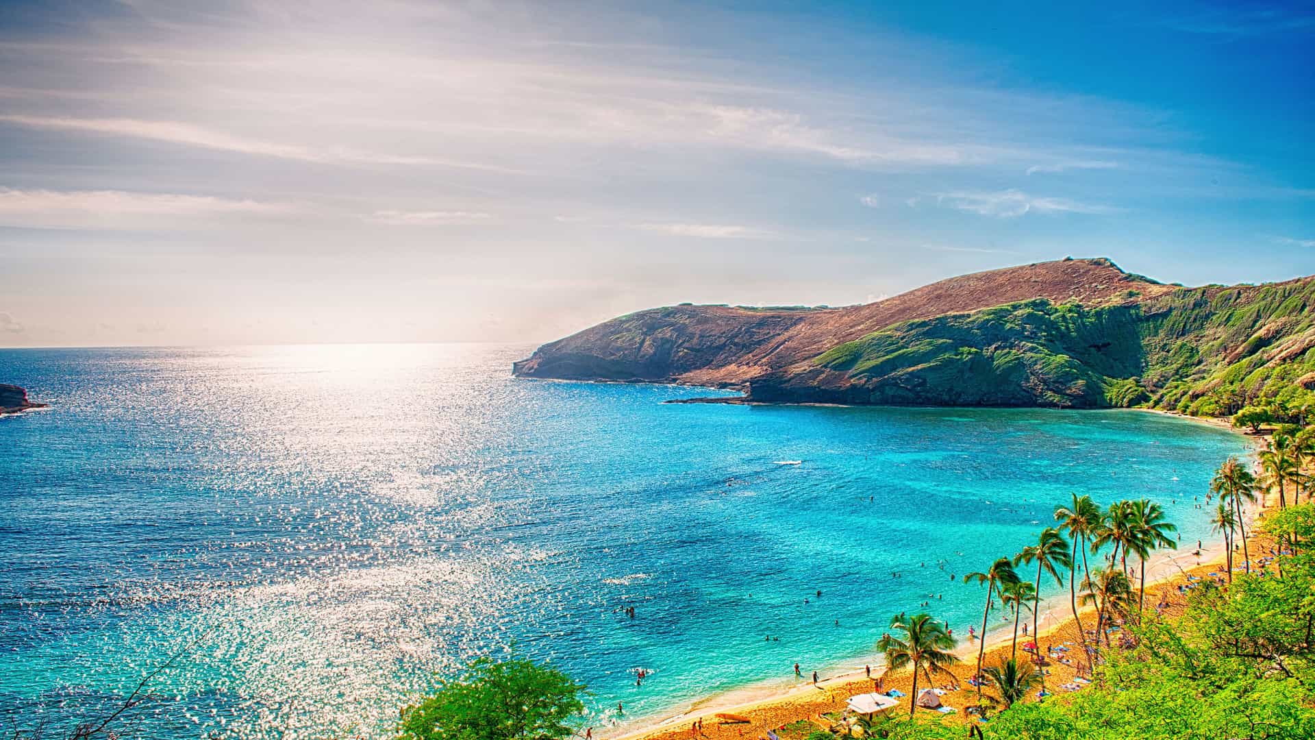 "A scenic view of a beautiful turquoise bay with palm trees on the beach, surrounded by lush green hills, with the sun's reflection sparkling on the calm water of the Hawaiian coast. "
