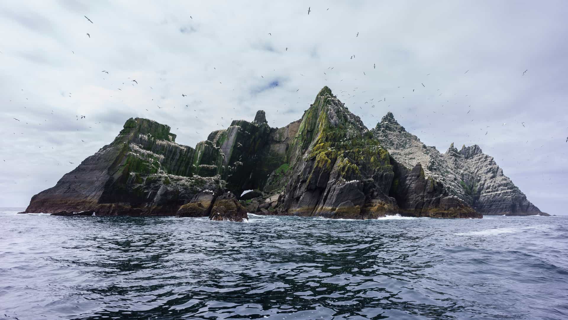 A dramatic rocky island in The Skelligs rising sharply from dark blue water, its moss‑covered cliffs crowded with circling seabirds beneath an overcast sky with soft breaks of light.