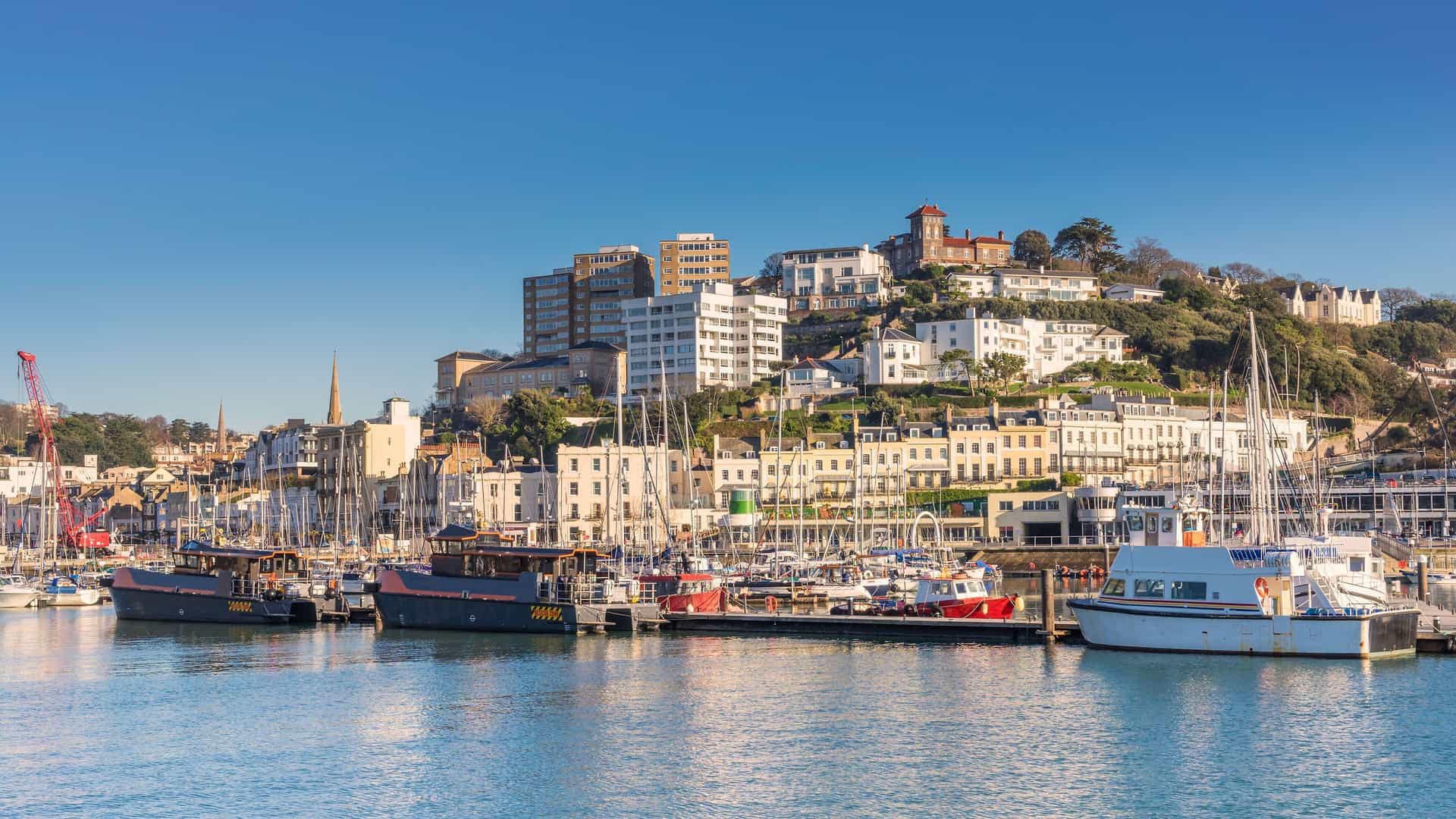 A sunny daytime view of the Torbay coastline in England, with a bustling harbor filled with yachts and boats and residential buildings lining the green hillside.