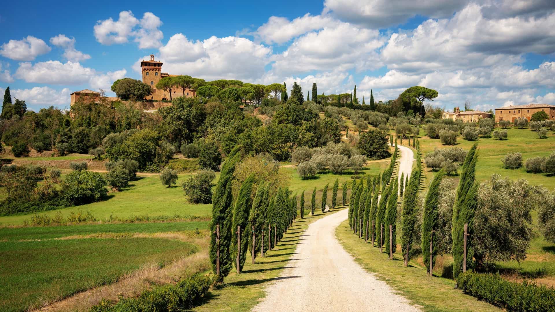 A gravel road is lined with cypress trees leading up a green hill toward a fortified stone building under a blue sky.