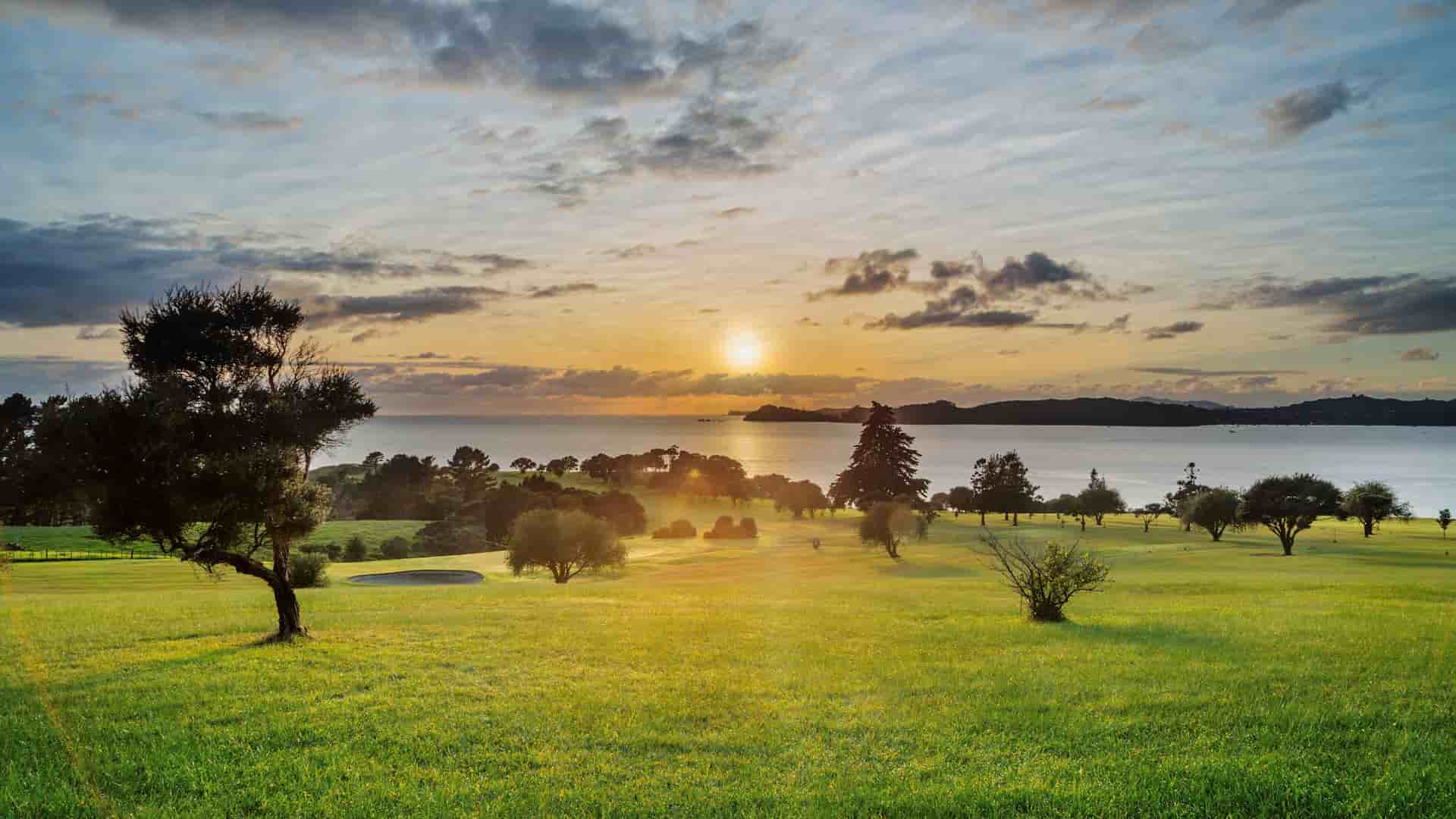 A serene sunset view over the Bay of Islands in Waitangi, New Zealand, with the sun setting over the water, casting a golden glow on the green landscape.
