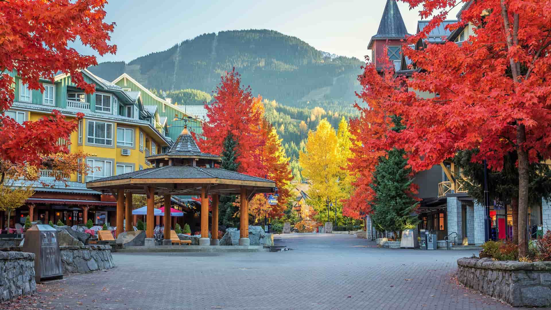 "A scenic view of Whistler Village Square in autumn, with colorful buildings, a central gazebo, and trees with vibrant red and yellow foliage against a backdrop of mountains. "