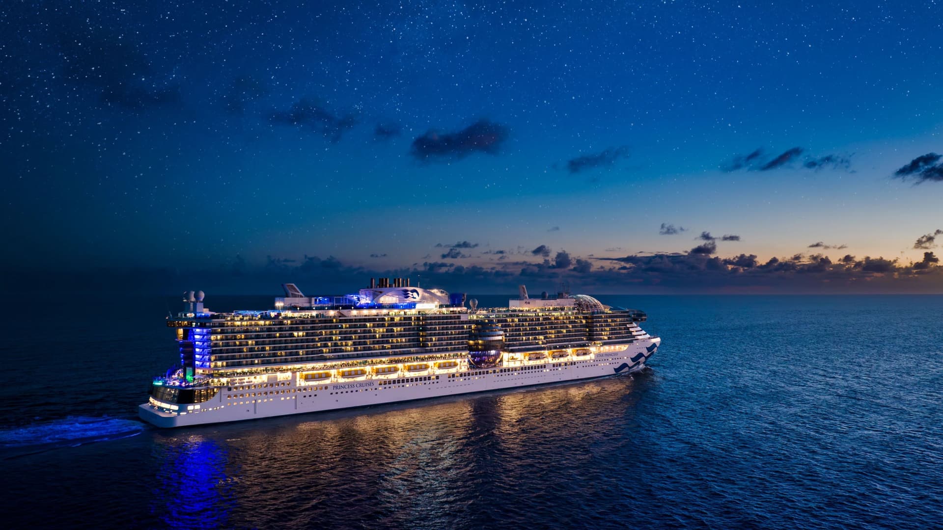 The Princess Star cruising around the US Virgin Islands at night.