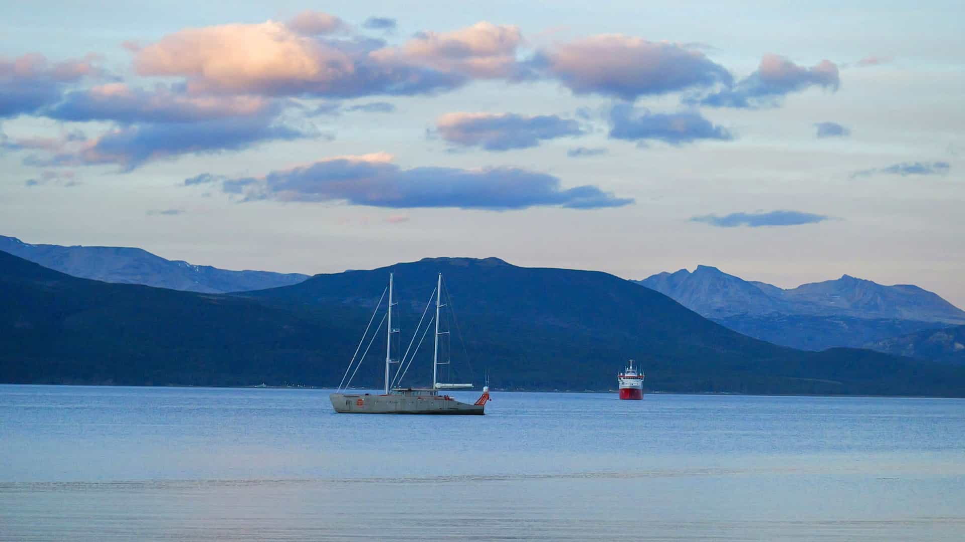 Remote town of Puerto Williams with mountains.