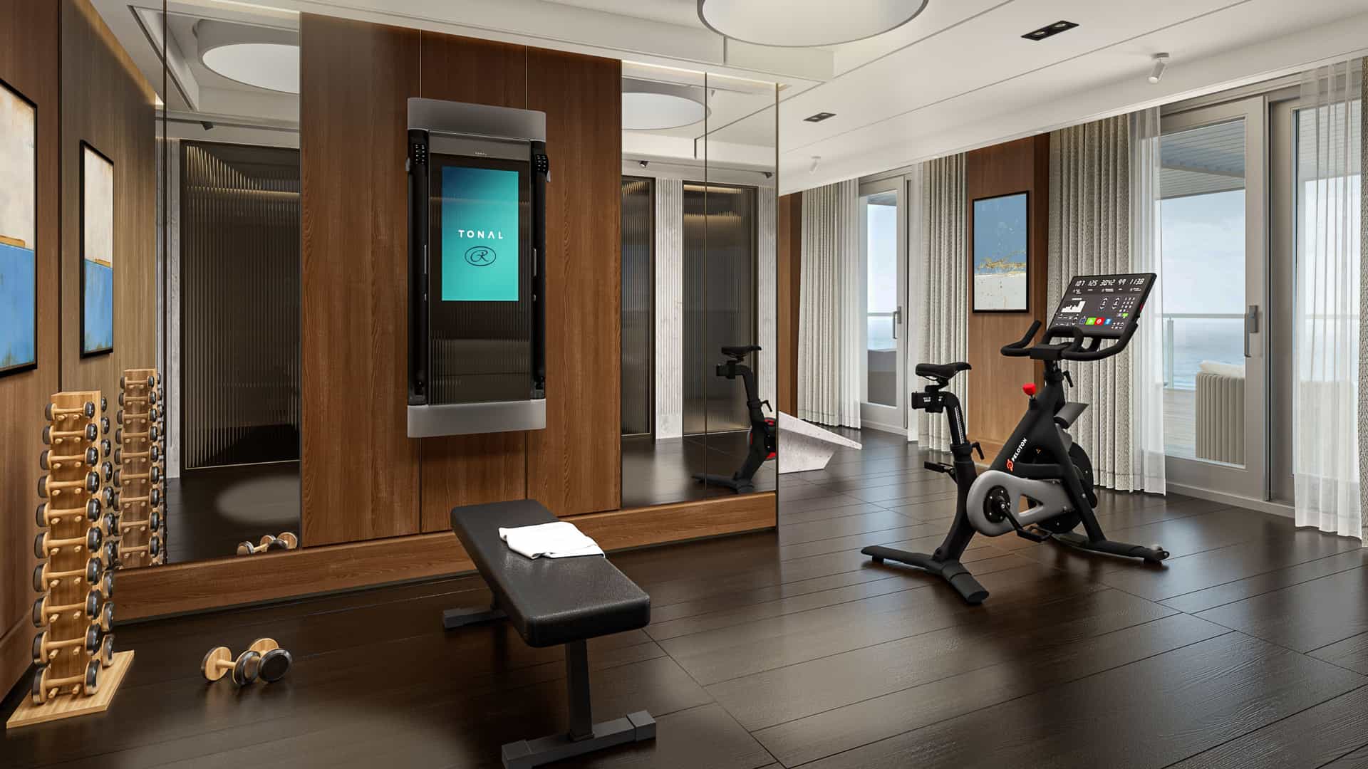 The in-suite gym in the Skyview Regent Suite onboard the Seven Seas Prestige.