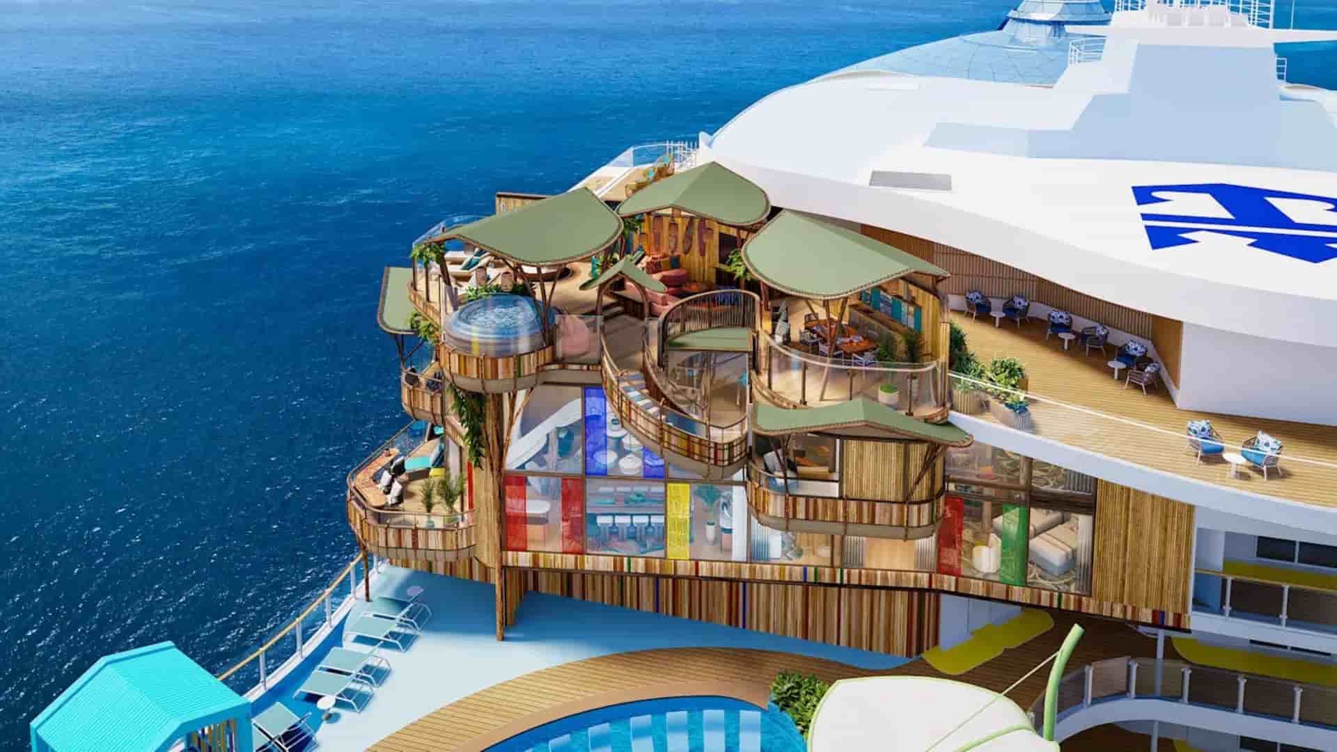 Aerial view of Royal Caribbean’s Ultimate Family Townhouse, a multi-level treehouse suite with a private whirlpool.