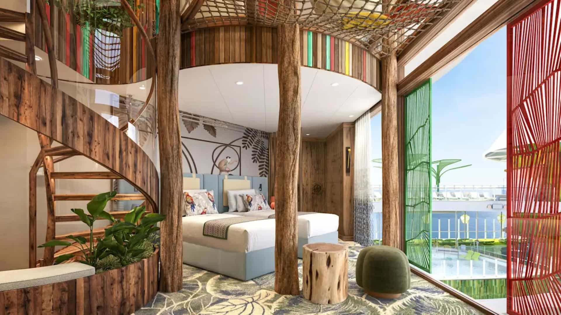 Interior of the Ultimate Family Tree house bedroom with treehouse decor, twin beds, and a spiral staircase.