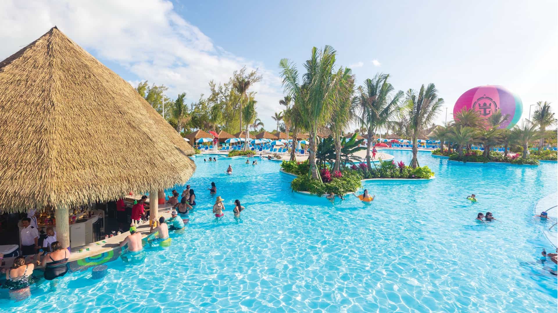A bird's eye view of the Oasis Lagoon and swim up bar at Cococay, Royal Caribbean's private island.