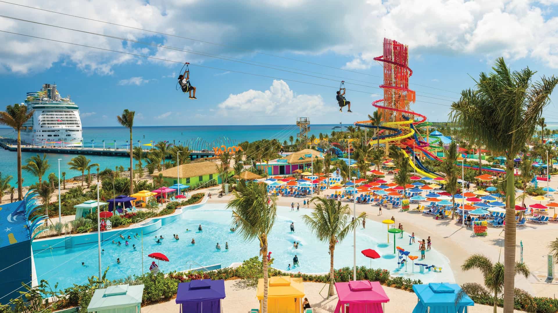 The zipline over the wave pool with Daredevil Tower in the background at Cococay, Royal Caribbean's private island.
