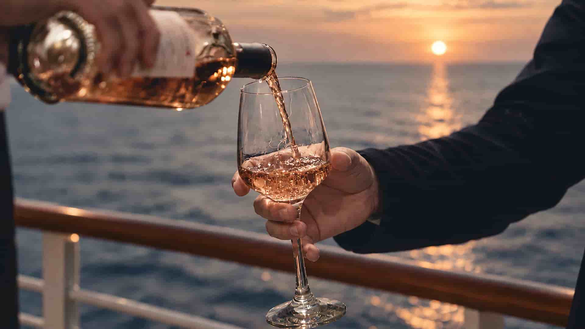 Close-up of pale pink wine being poured from a bottle into a stemmed glass held beside a wooden ship railing, with the sun setting over the ocean behind.