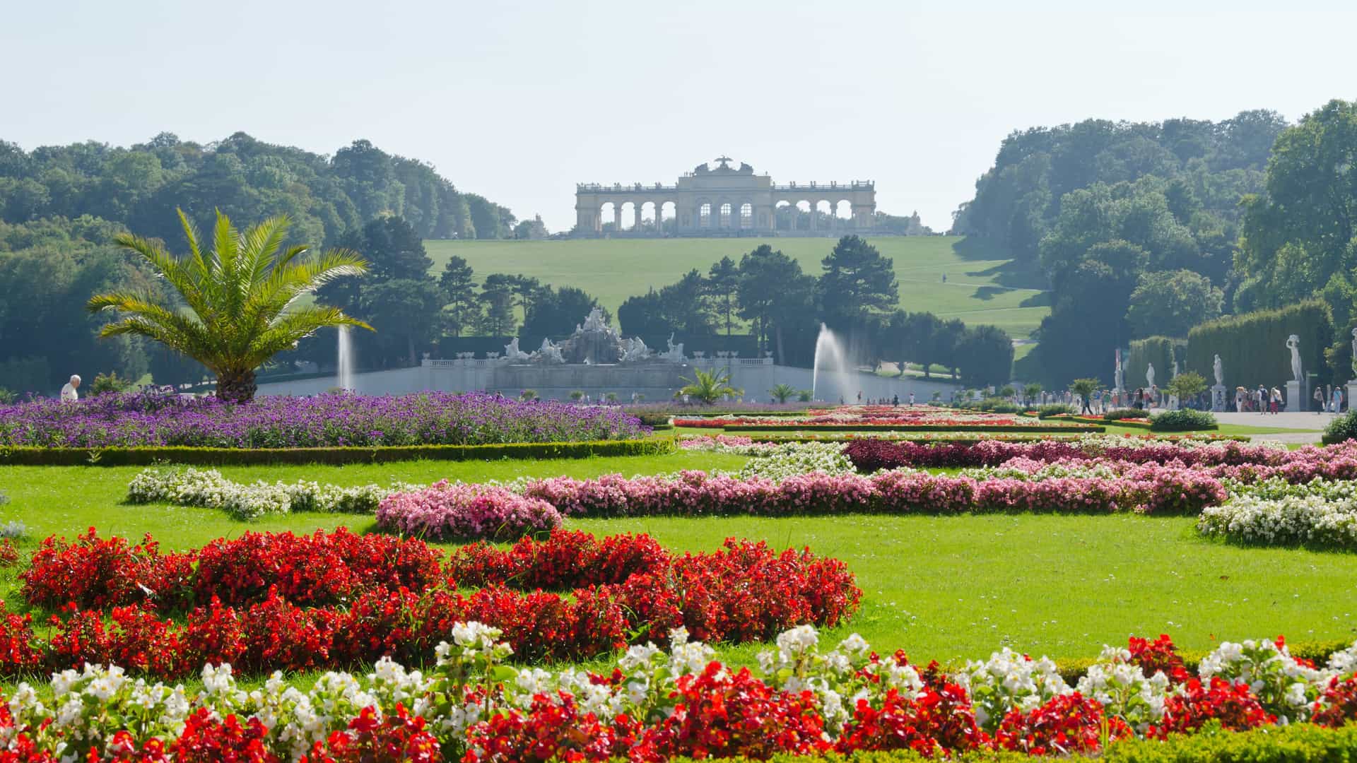 The vast floral gardens at Schronbrunn Palace in Vienna, Austria.