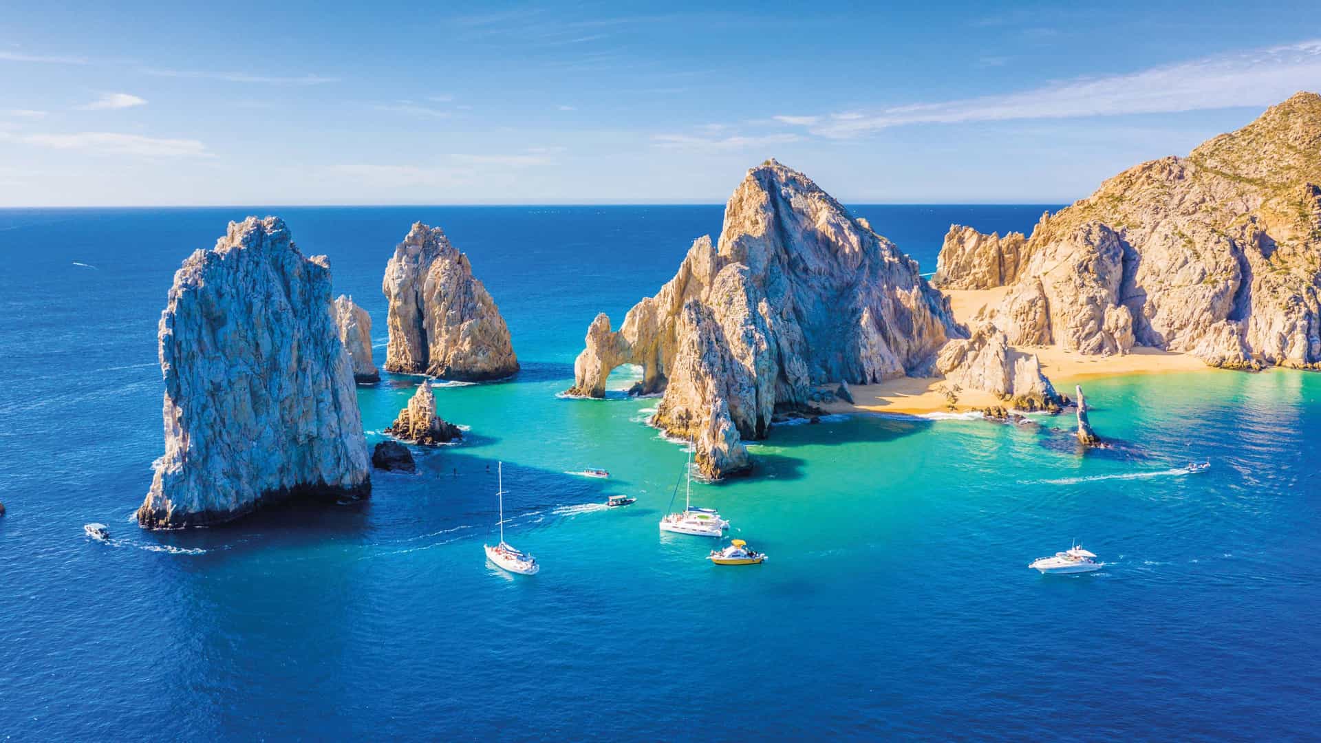 The iconic El Arco rock formations in Cabo San Lucas, Mexico, a popular scenic destination for a luxury Seabourn cruise on the Mexican Riviera.