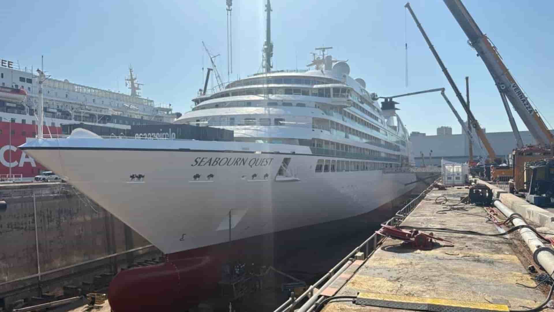 The cruise ship Seabourn Quest is shown in dry dock during its refurbishment.