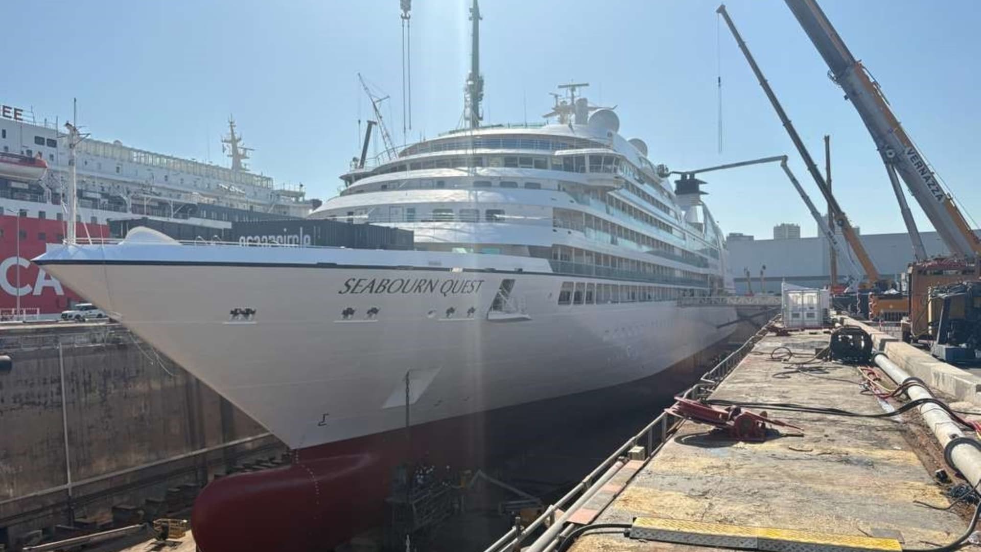 The cruise ship Seabourn Quest is shown in dry dock during its refurbishment.