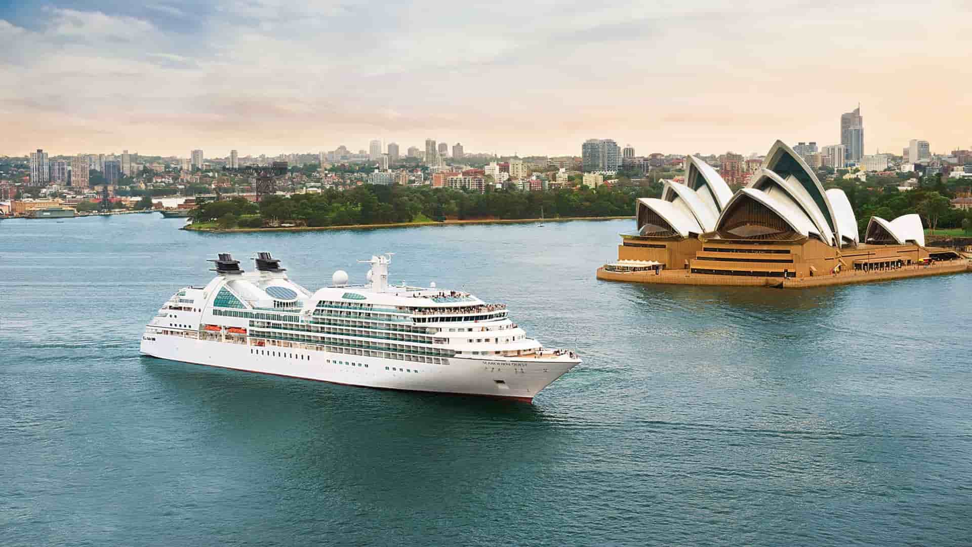 Seabourn Quest sailing through Sydney Harbour with the iconic Sydney Opera House in Sydney, Australia.
