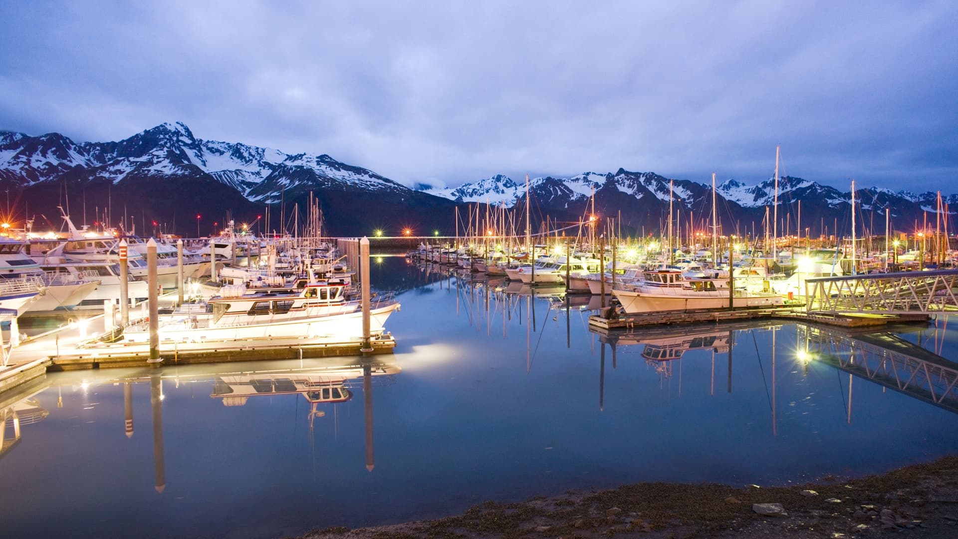 Seward Alaska harbor at dusk.