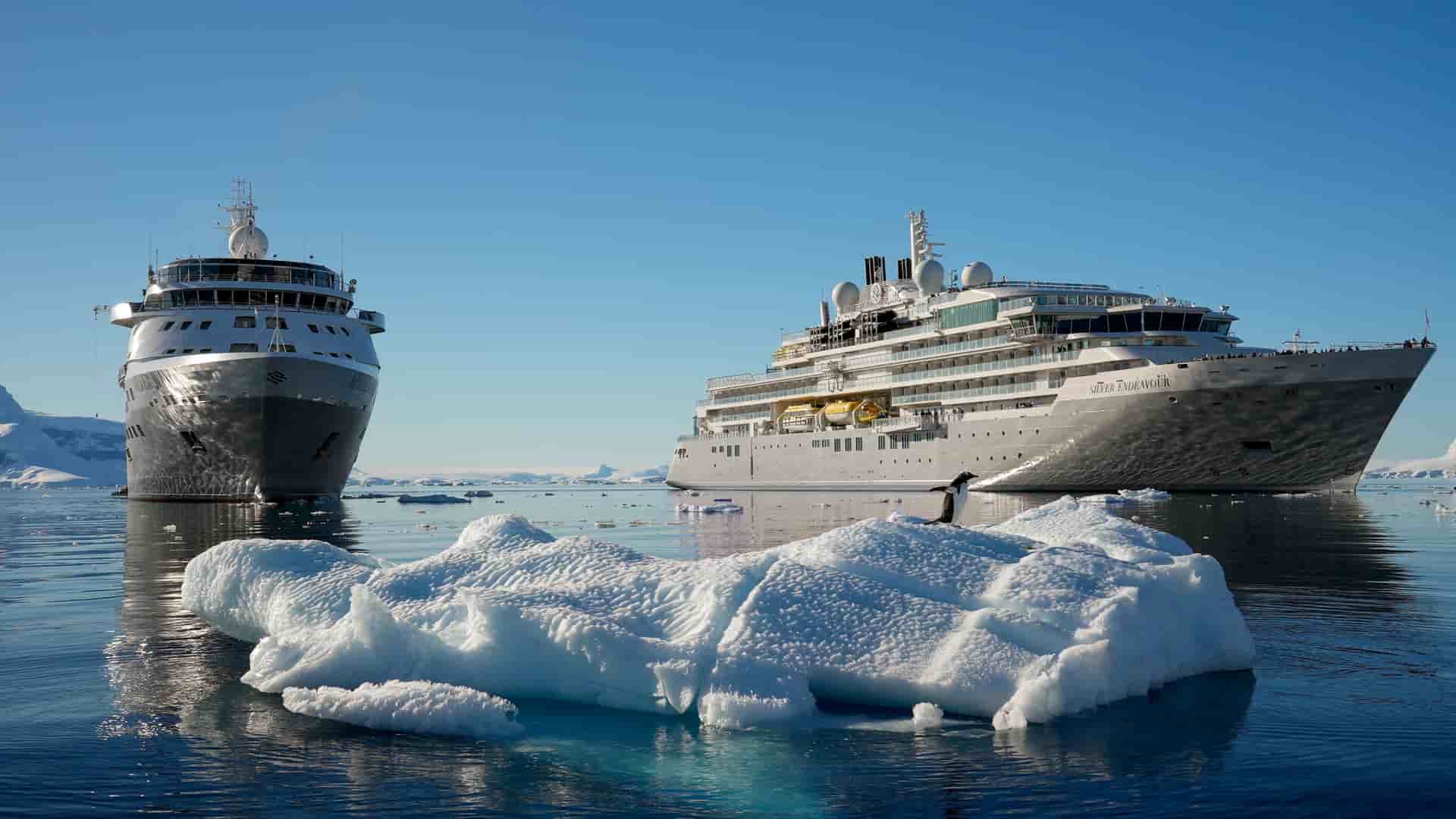 Two Silversea expedition ships, Silver Wind and Silver Endeavour, anchored in calm Antarctic waters surrounded by floating ice and snow-covered mountains.