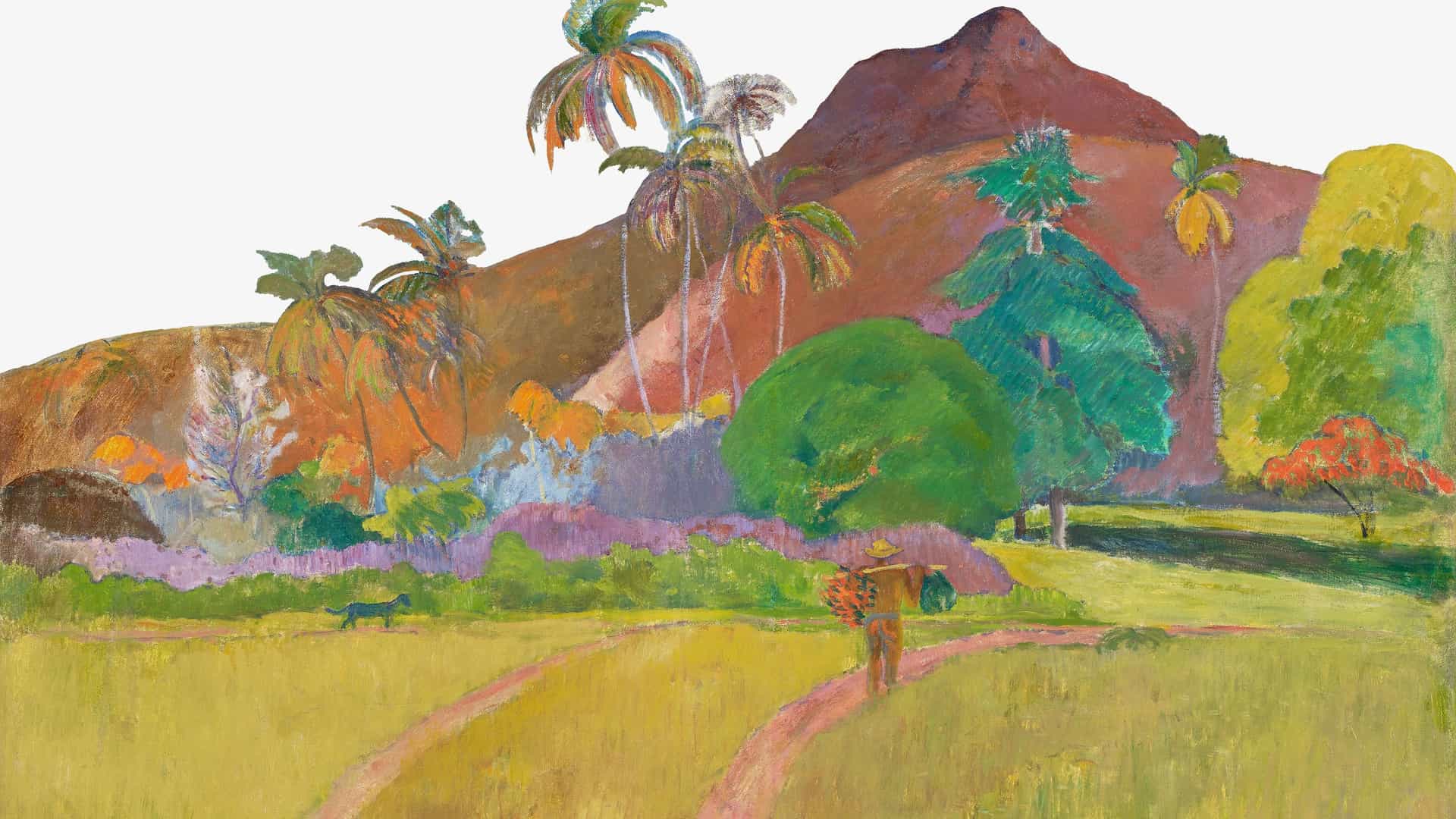 A colorful painting by Paul Gauguin depicting a landscape in Tahiti. The foreground shows a bright yellow-green field with two reddish-brown pathways. A person with a basket walks along one path, while a small black dog follows the other. In the background, there is a mix of tropical foliage, including vibrant green and orange trees, and tall palm trees. A large, reddish-brown volcanic mountain dominates the backdrop. The painting uses a mix of warm and cool tones, and a simplified style to capture the unique, vibrant atmosphere of the South Pacific island of Tahiti.