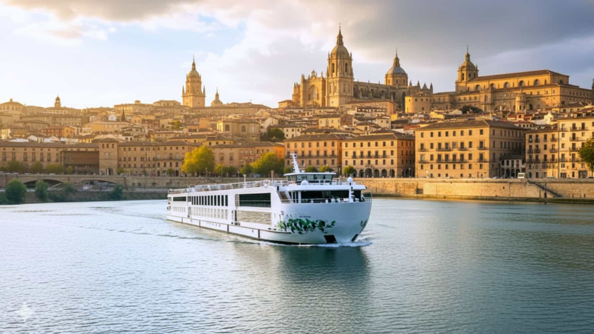 SS Sao Rafael river cruise ship sailing past the historic city of Salamanca, Spain, with its iconic cathedral and ancient buildings illuminated by golden hour light.
