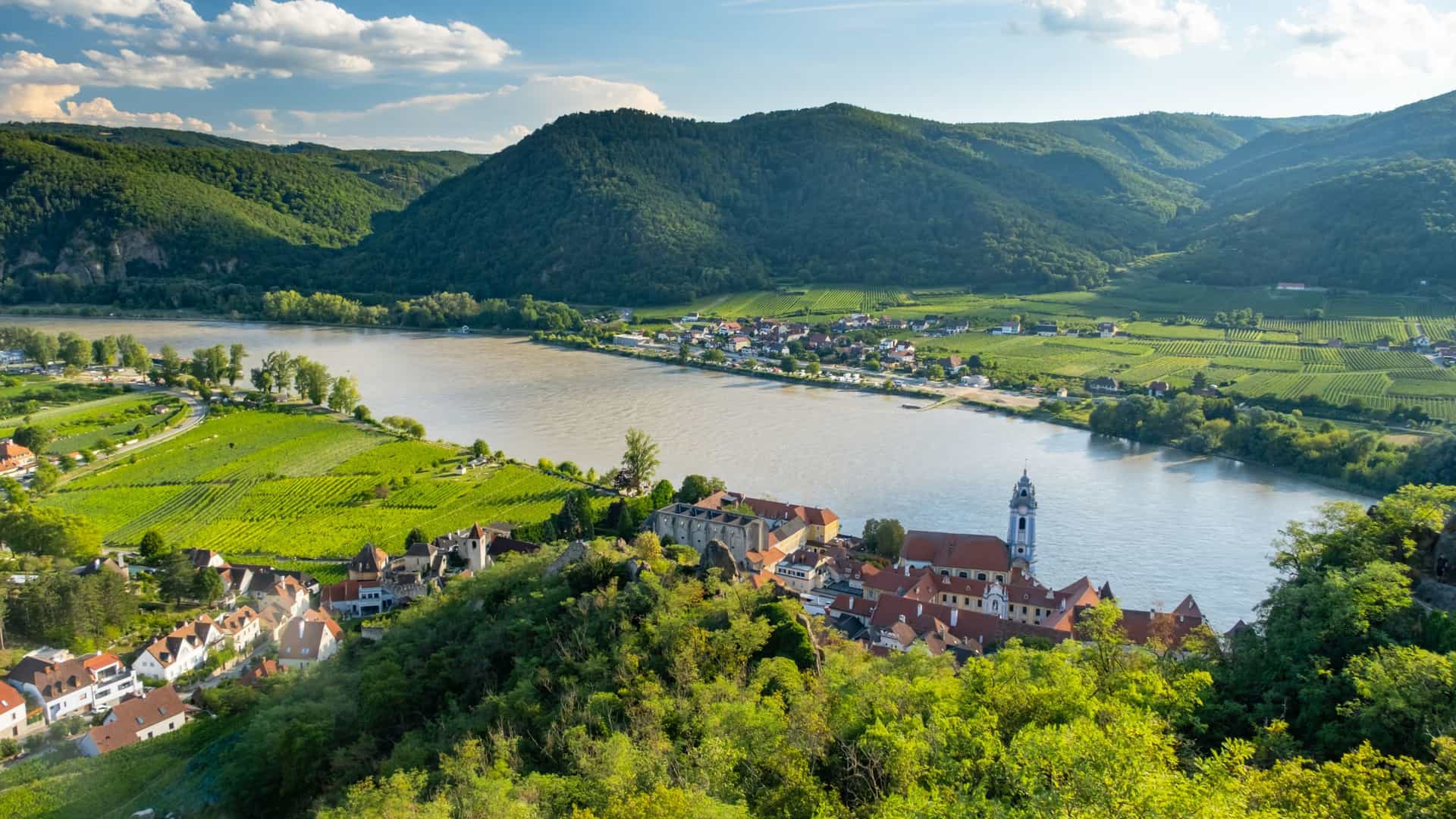 Panoramic view of the winding Danube River, lush vineyards, and a historic village with a church spire on a Tauck river cruise.