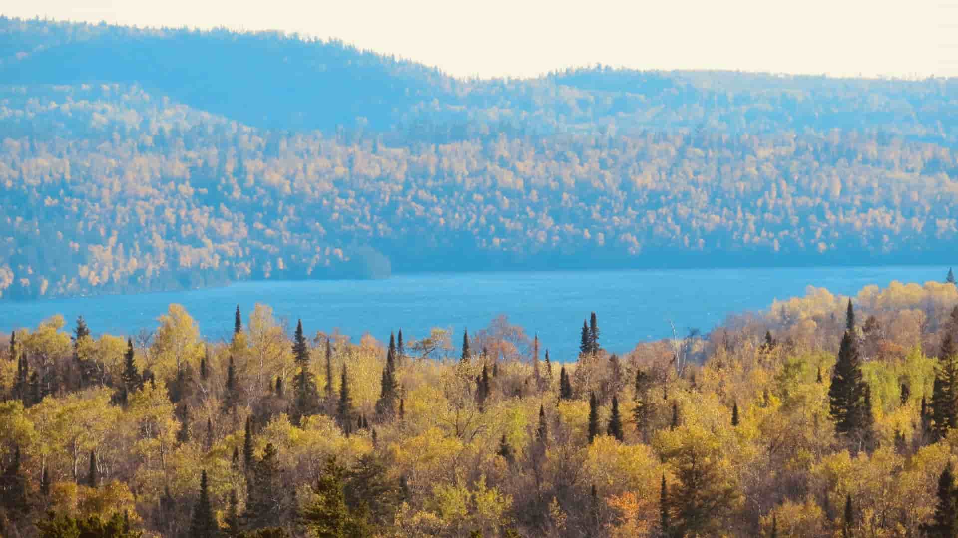 Forested hills and lake near Thunder Bay, Ontario, Canada.