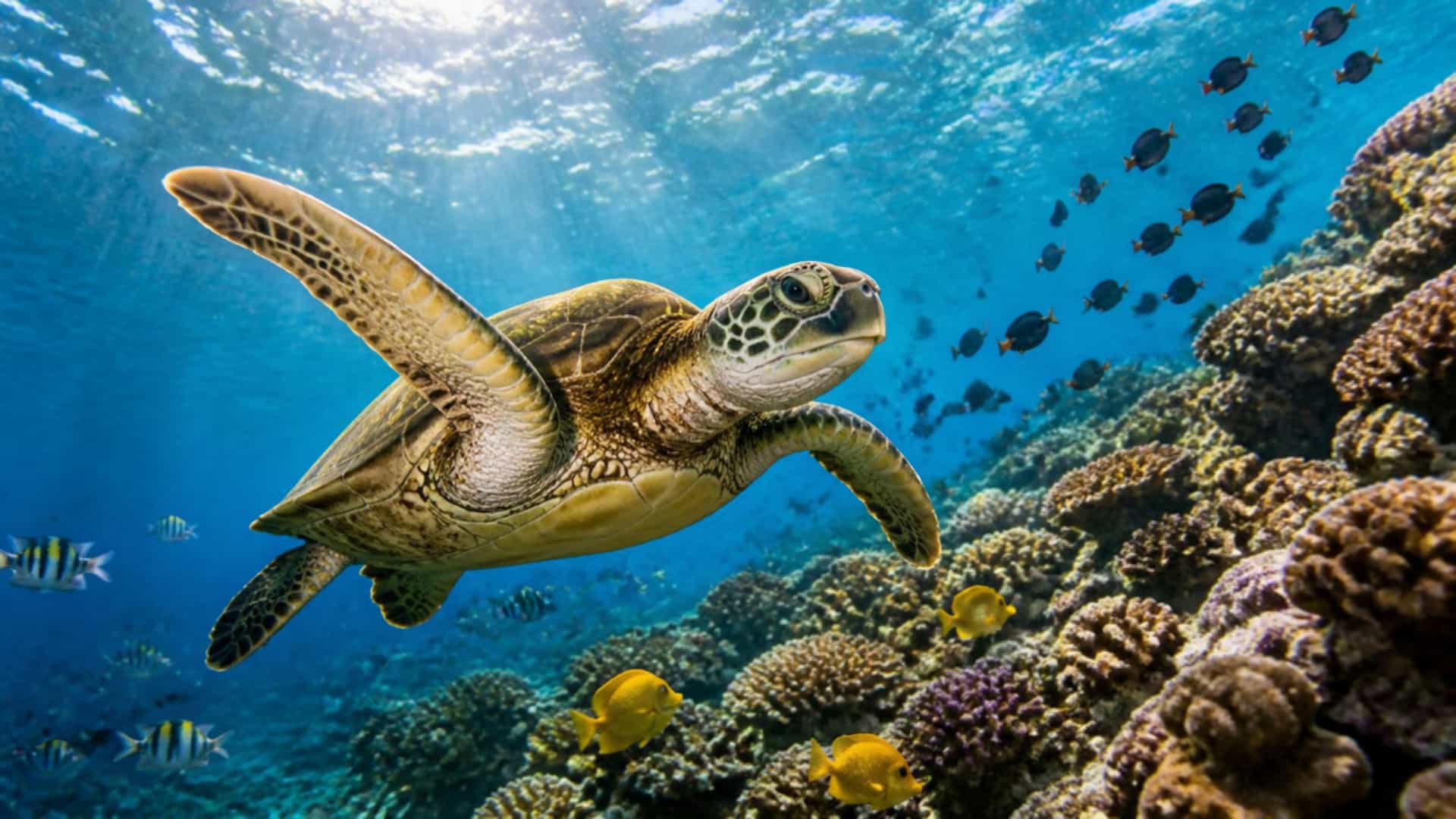 A green sea turtle glides over a vibrant coral reef wall teeming with schools of tropical fish in the crystal-clear waters of Bunaken, Indonesia.