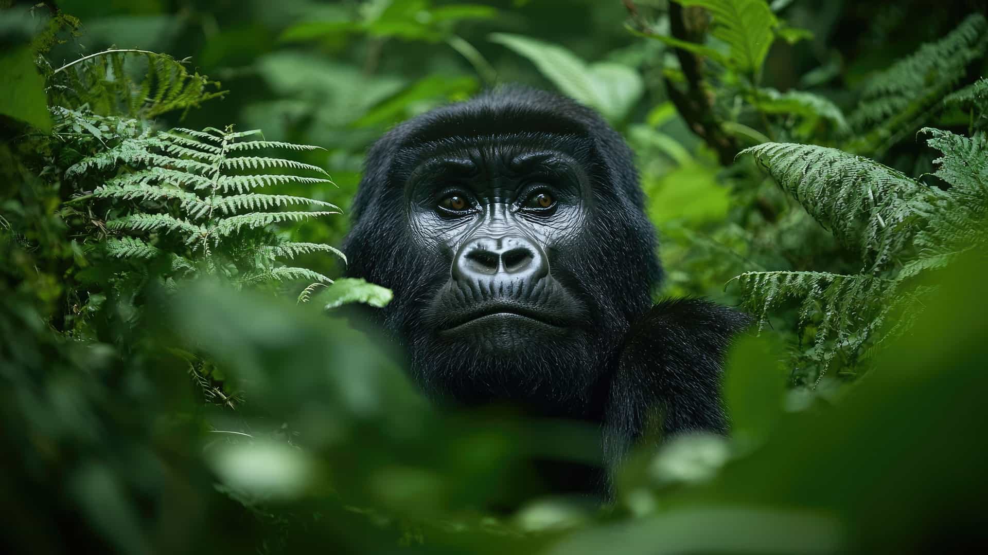 A mountain gorilla in Bwindi Impenetrable Forest surrounded by dense green foliage, its face clearly visible amid lush rainforest vegetation.