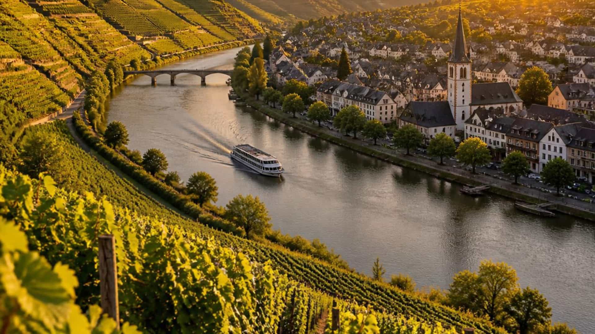 Terraced vineyards blanket the Douro River valley near Caldas de Aregos, Portugal, glowing in warm golden light.