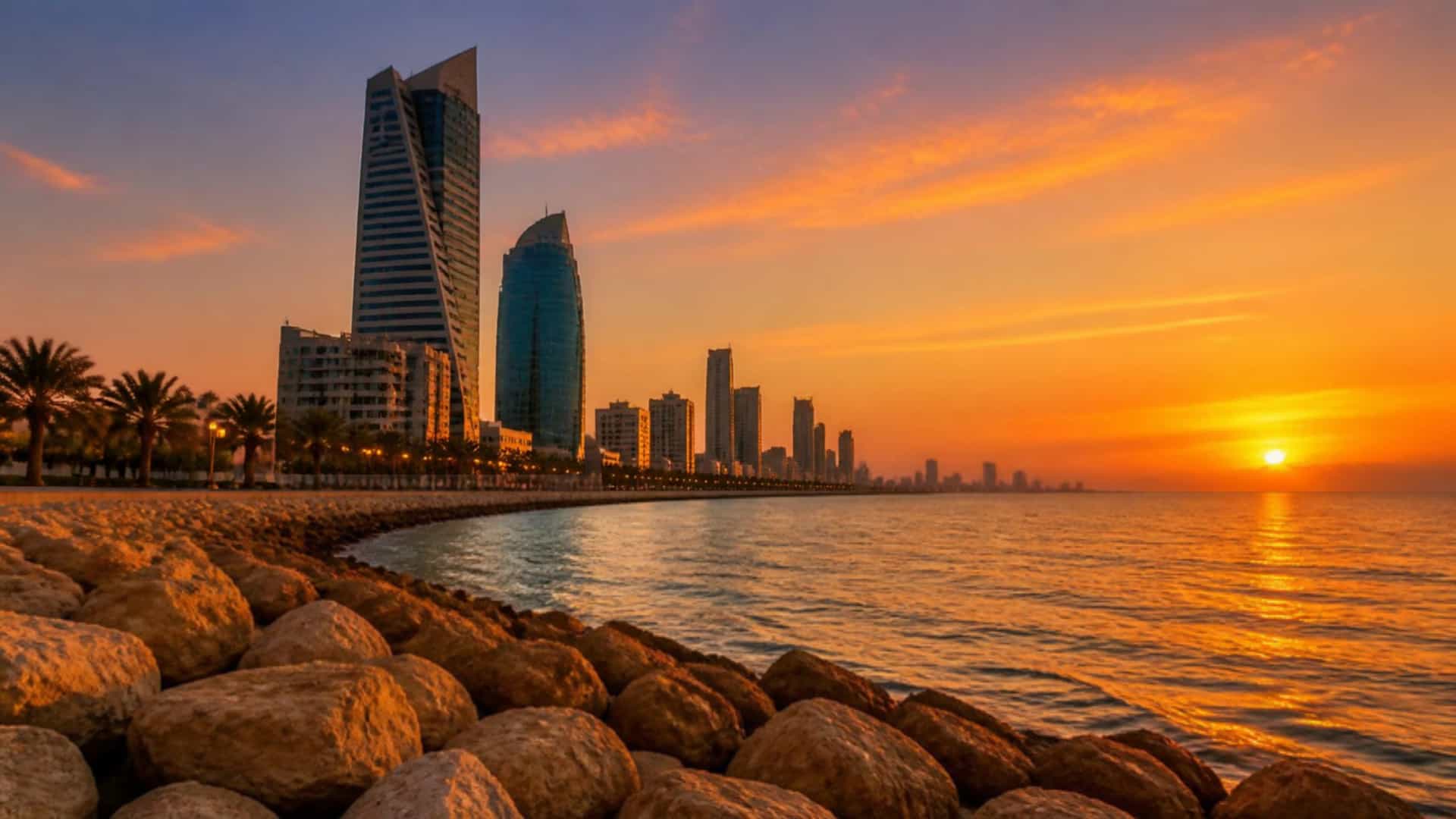 The modern Dammam Corniche waterfront at sunset, with the city skyline stretching along the Arabian Gulf, Saudi Arabia.