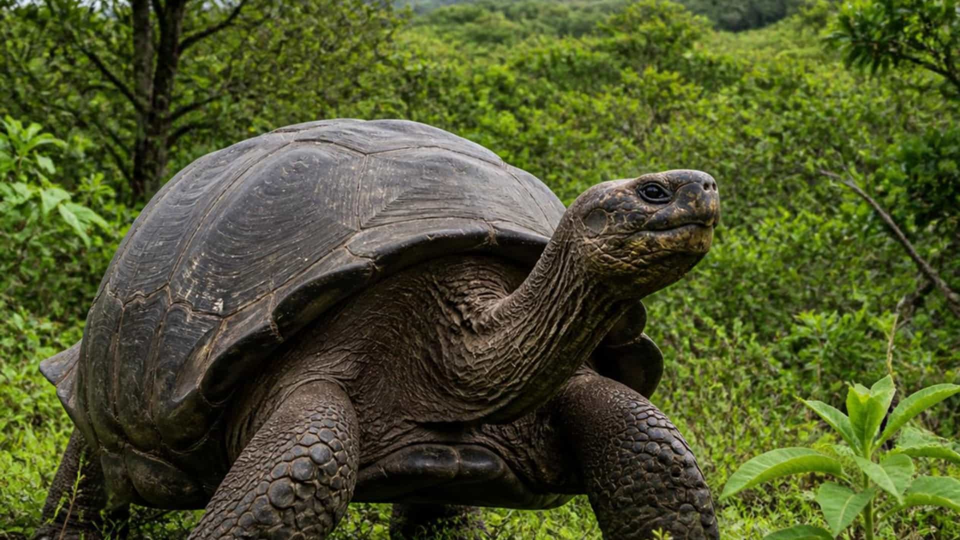 A giant Galapagos tortoise roams the lush green highlands of Santa Cruz Island in the Galapagos, Ecuador, with misty volcanic hills behind.