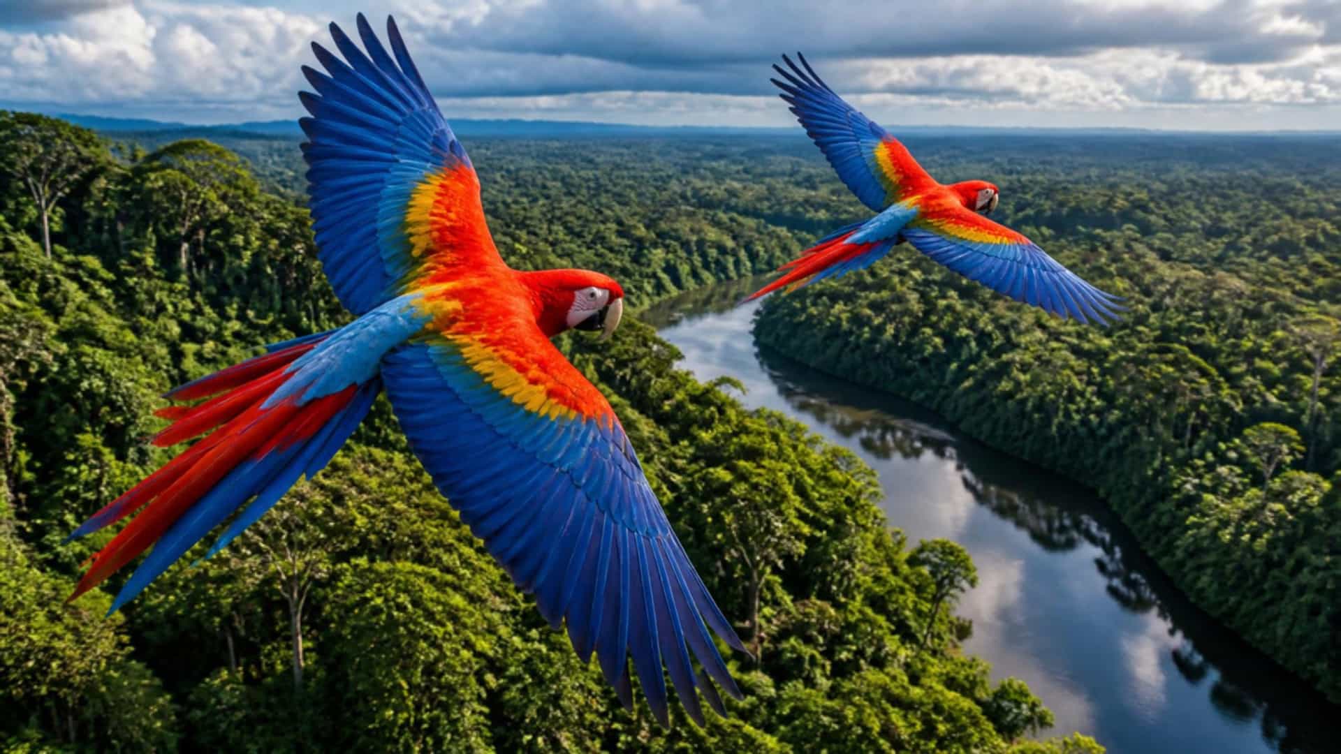 Scarlet macaws fly over the dense Amazon rainforest canopy with a winding jungle river below in Ecuador.